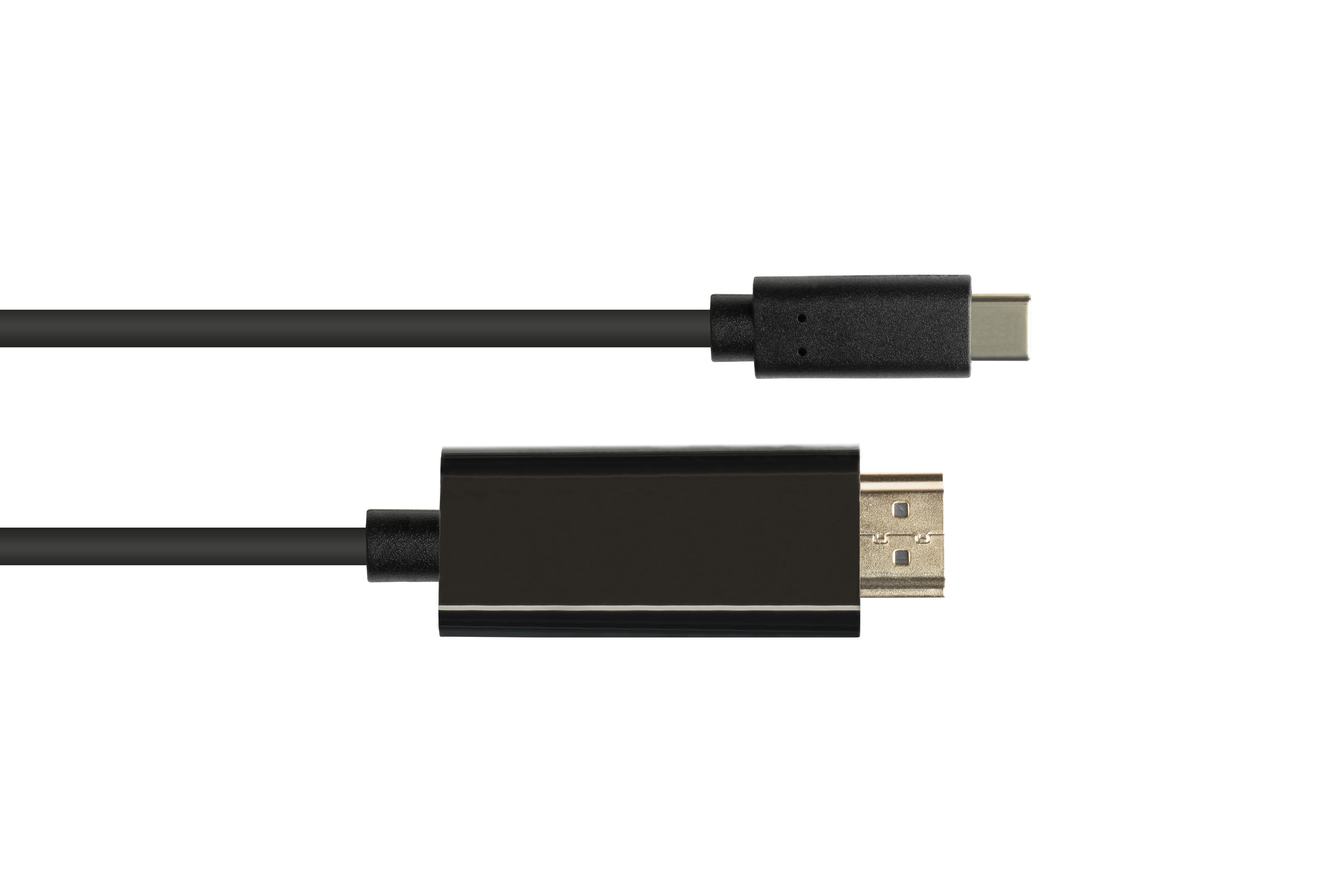 Schwarzes HDMI-zu-USB-C-Kabel. Schwarze Anschlüsse. Weißer Hintergrund.