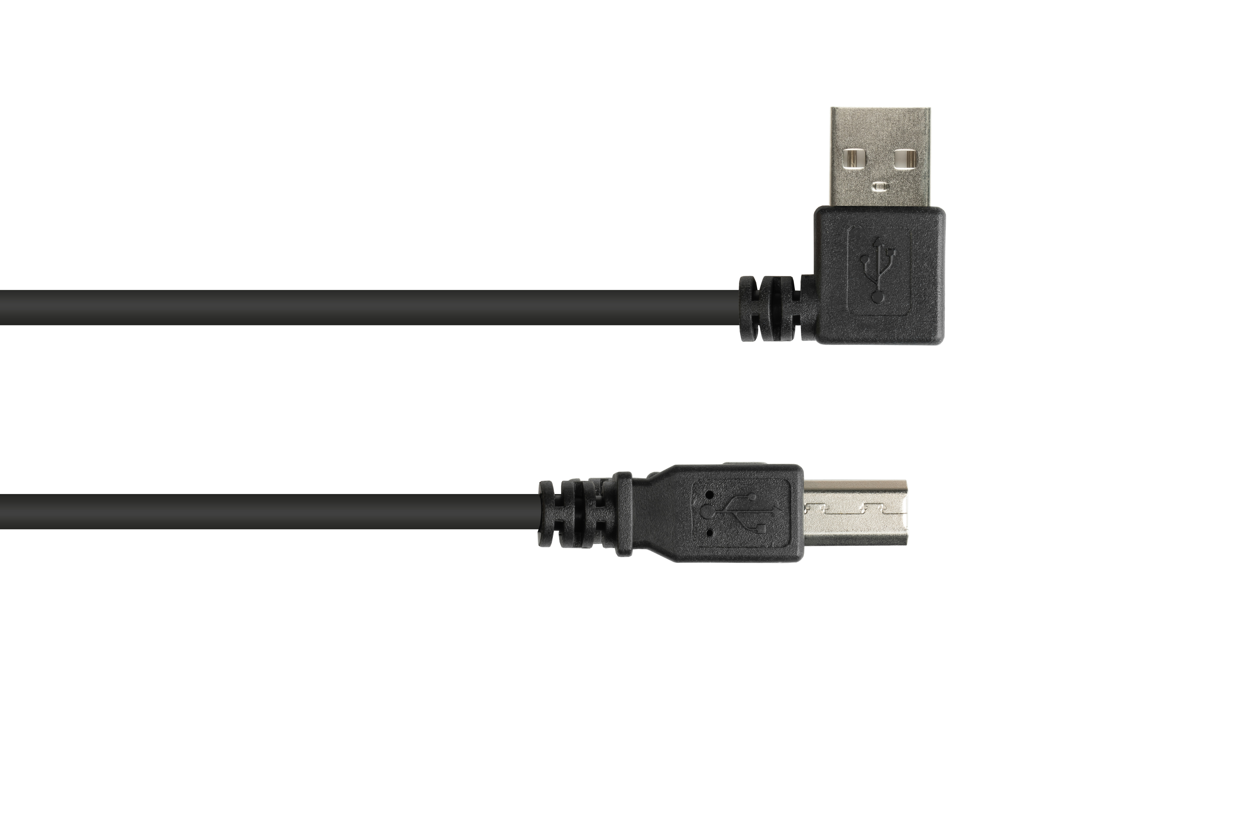 Due cavi USB neri con connettori diversi. Uno è dritto, l'altro ha un connettore angolato a 90 gradi.