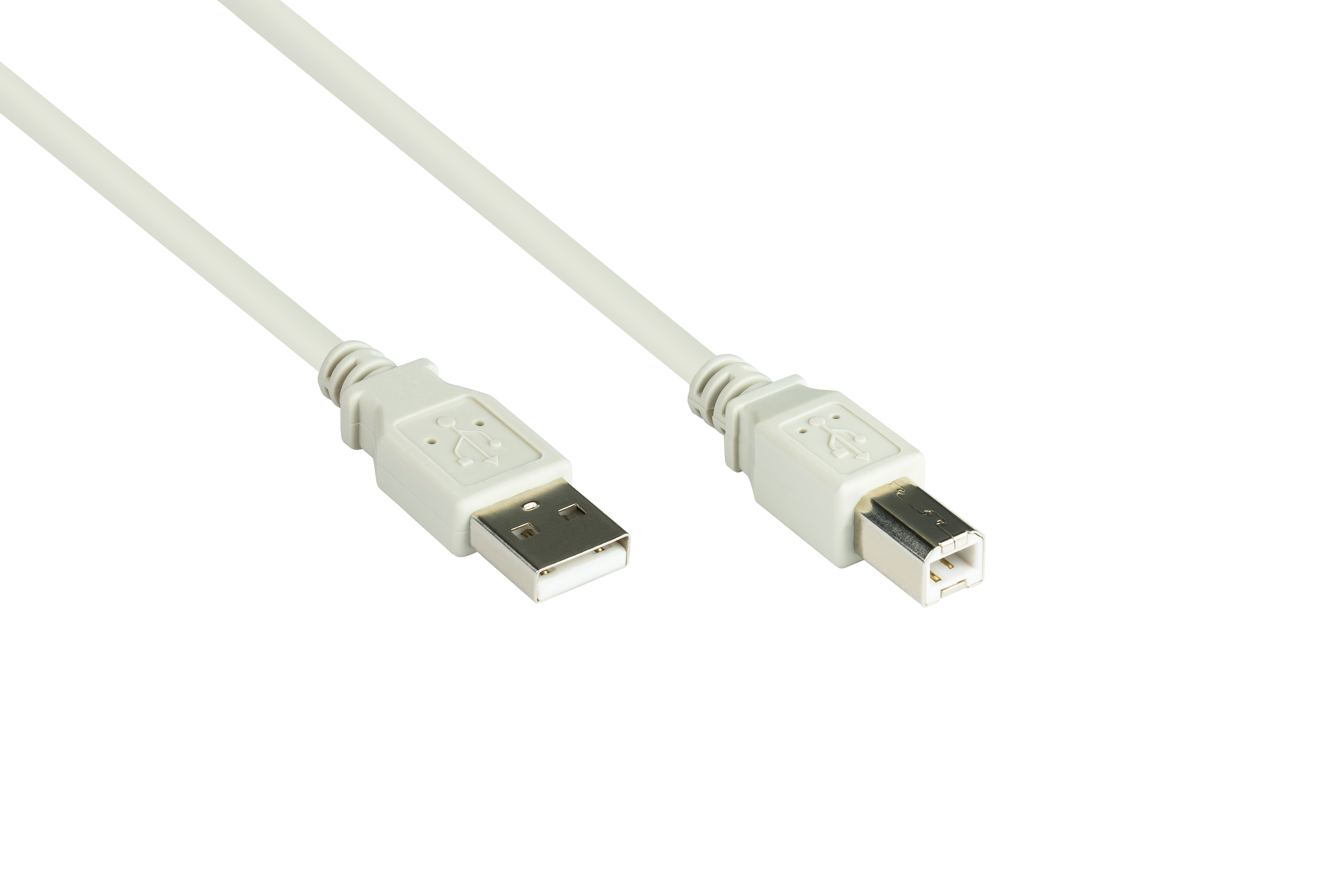 Weißes USB-Kabel mit USB-A- und USB-B-Anschlüssen auf weißem Hintergrund, schräge Ansicht.