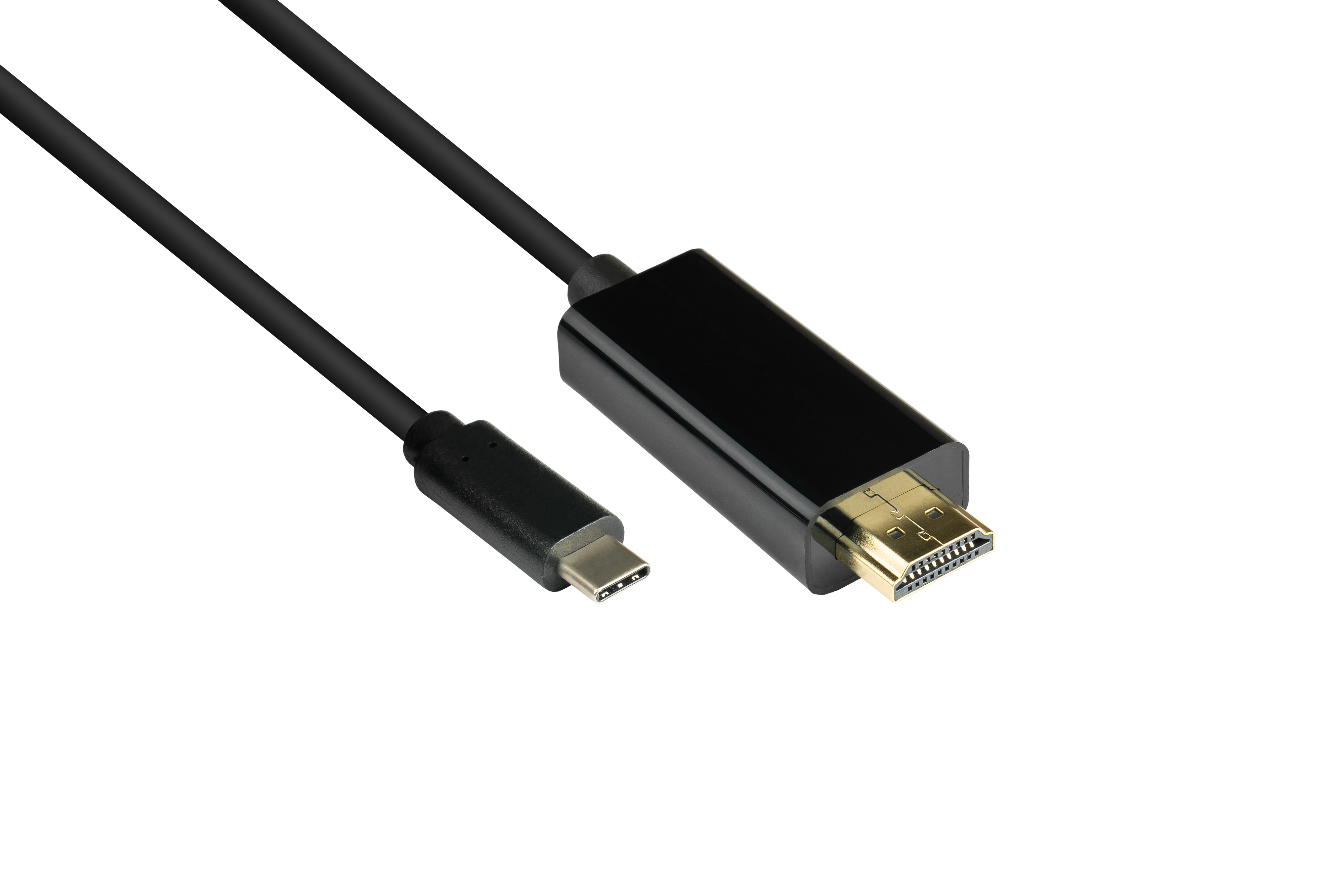 Ein schwarzes Kabel mit einem USB-C- und einem HDMI-Anschluss auf weißem Hintergrund.