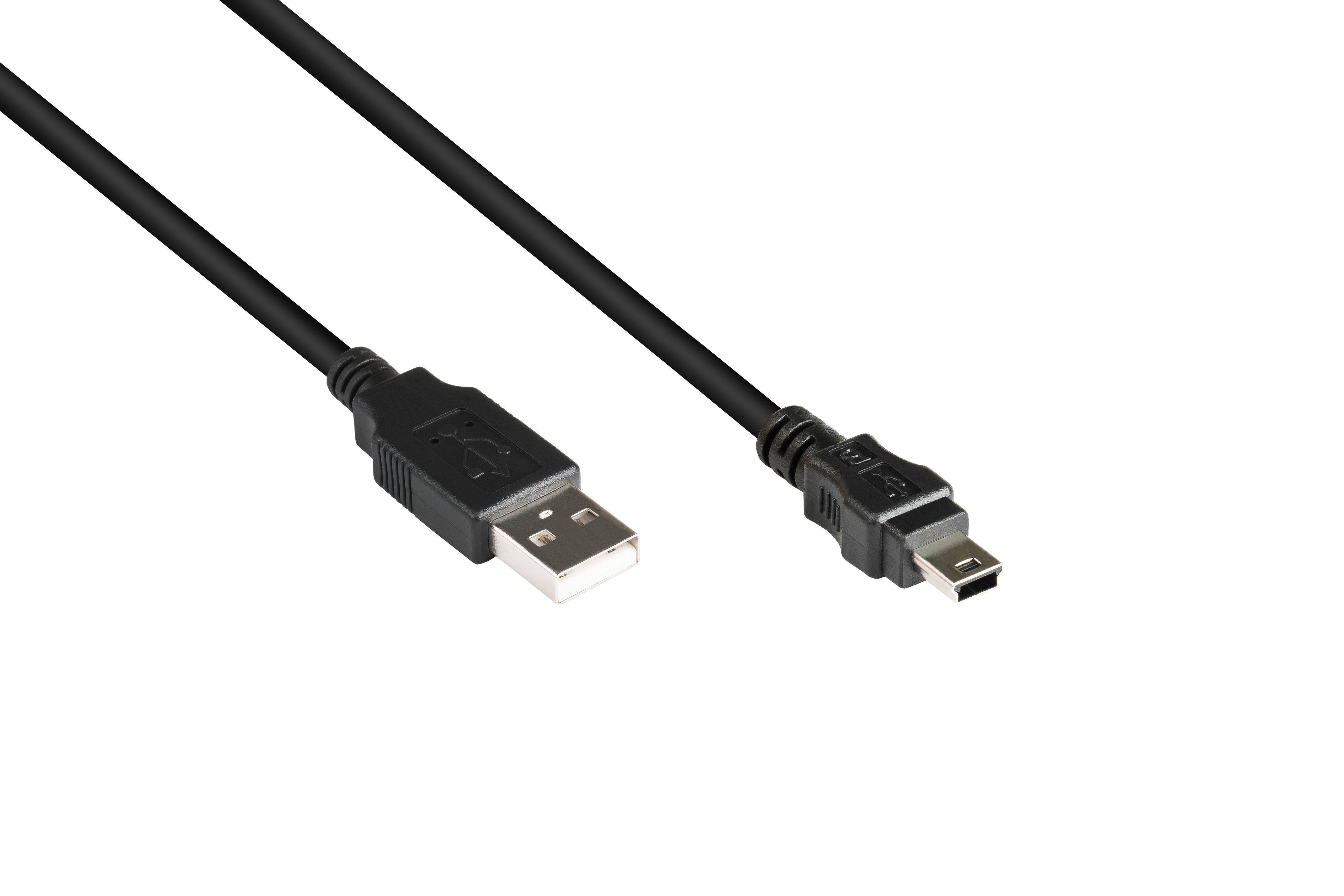 Czarny kabel USB z dwoma złączami, USB-A i mini-USB, na białym tle.