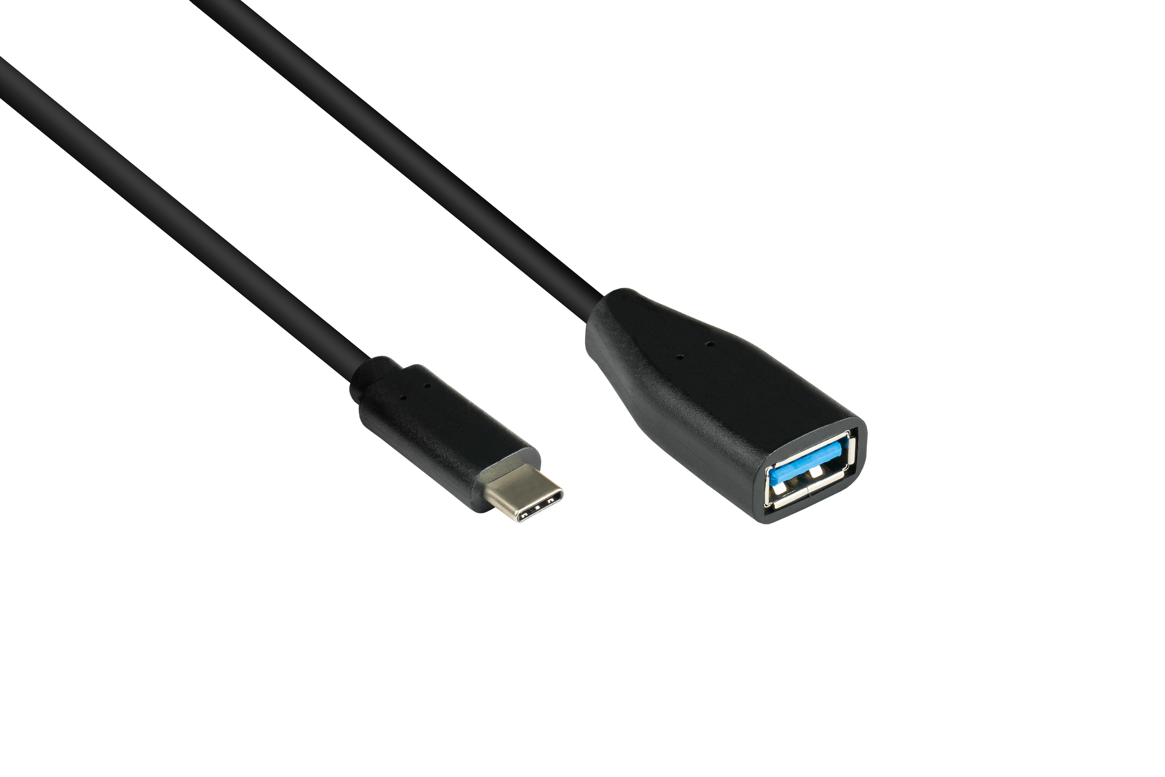 Czarny kabel USB ze złączami USB-C i USB-A, na białym tle.