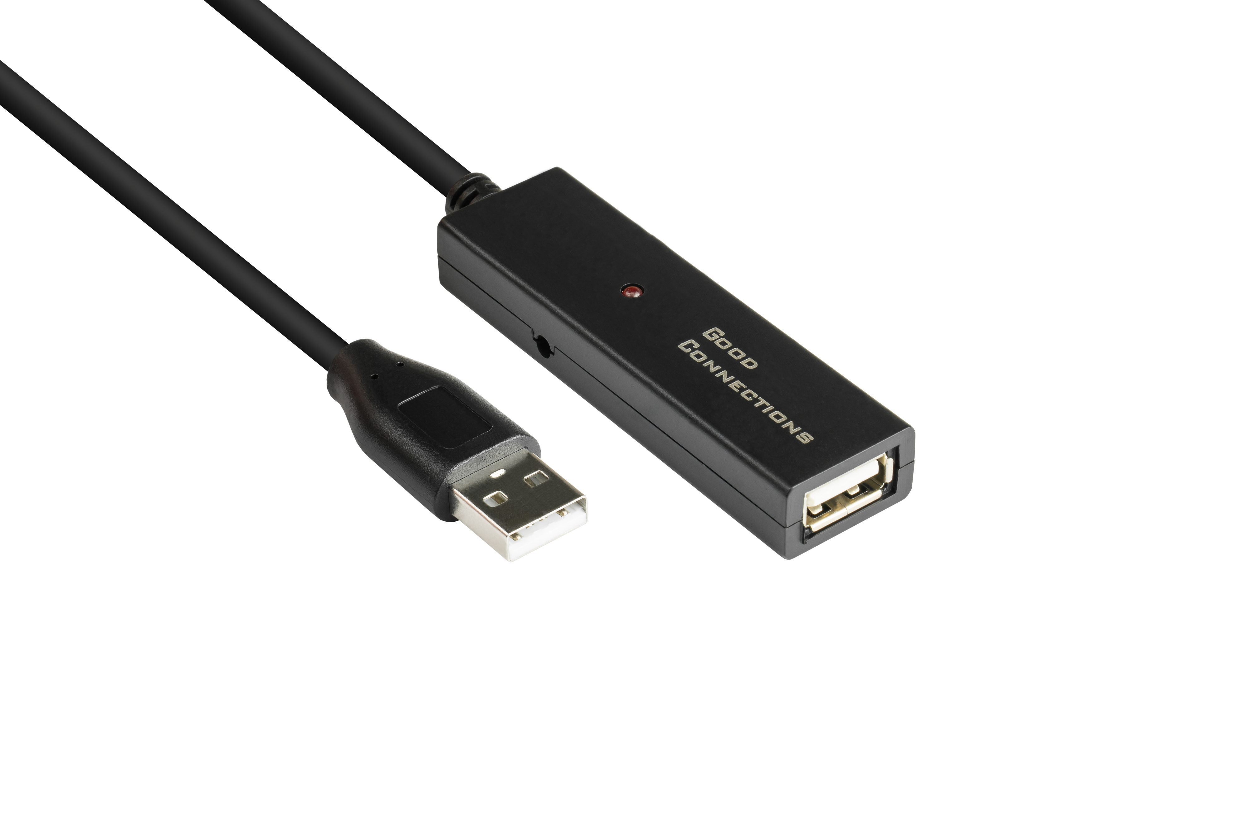 Schwarzes USB-Verlängerungskabel mit USB-Stecker und USB-A-Anschluss. Weißer Hintergrund.