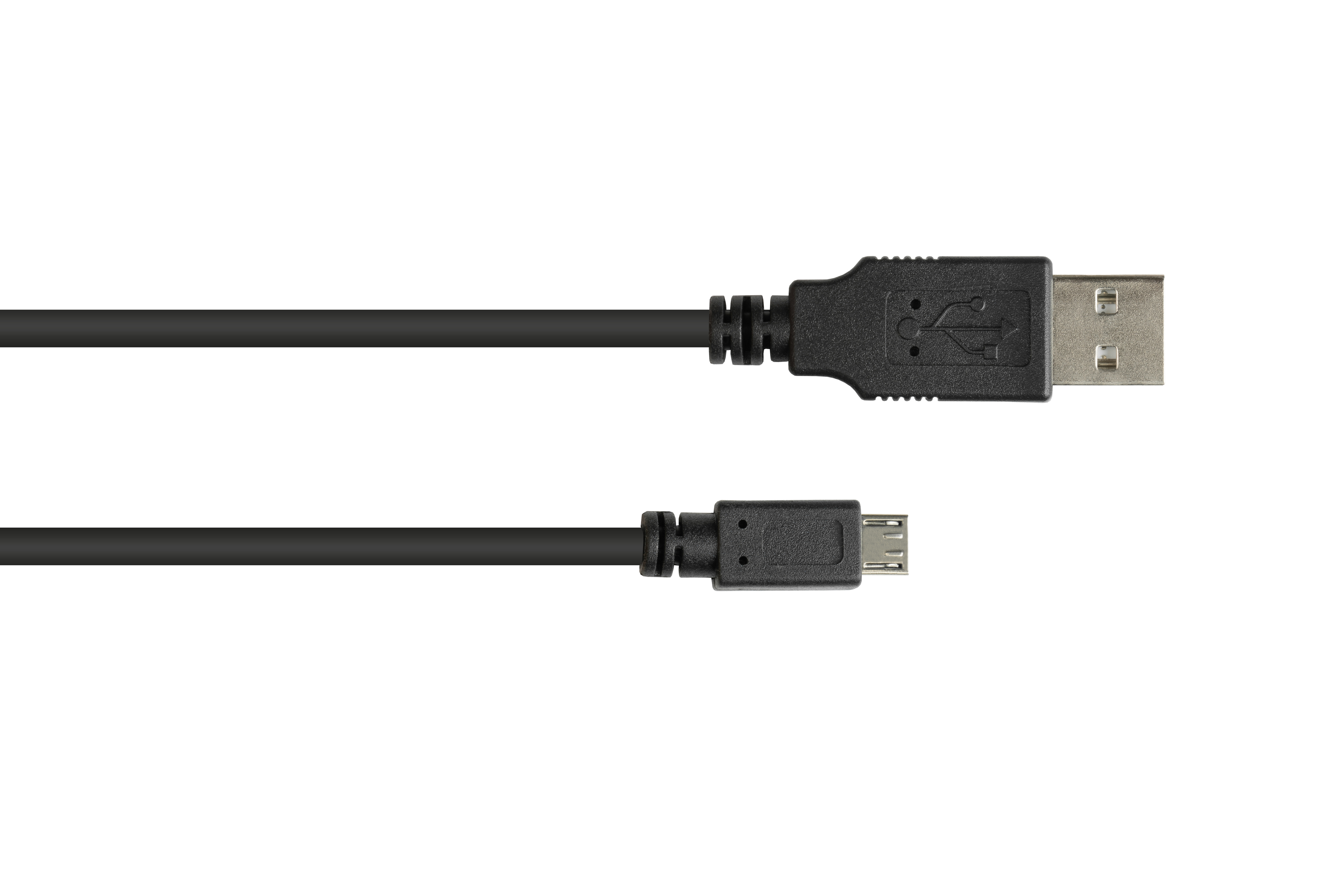 Czarny kabel USB do Micro USB. Męskie złącza na każdym końcu. Białe tło.