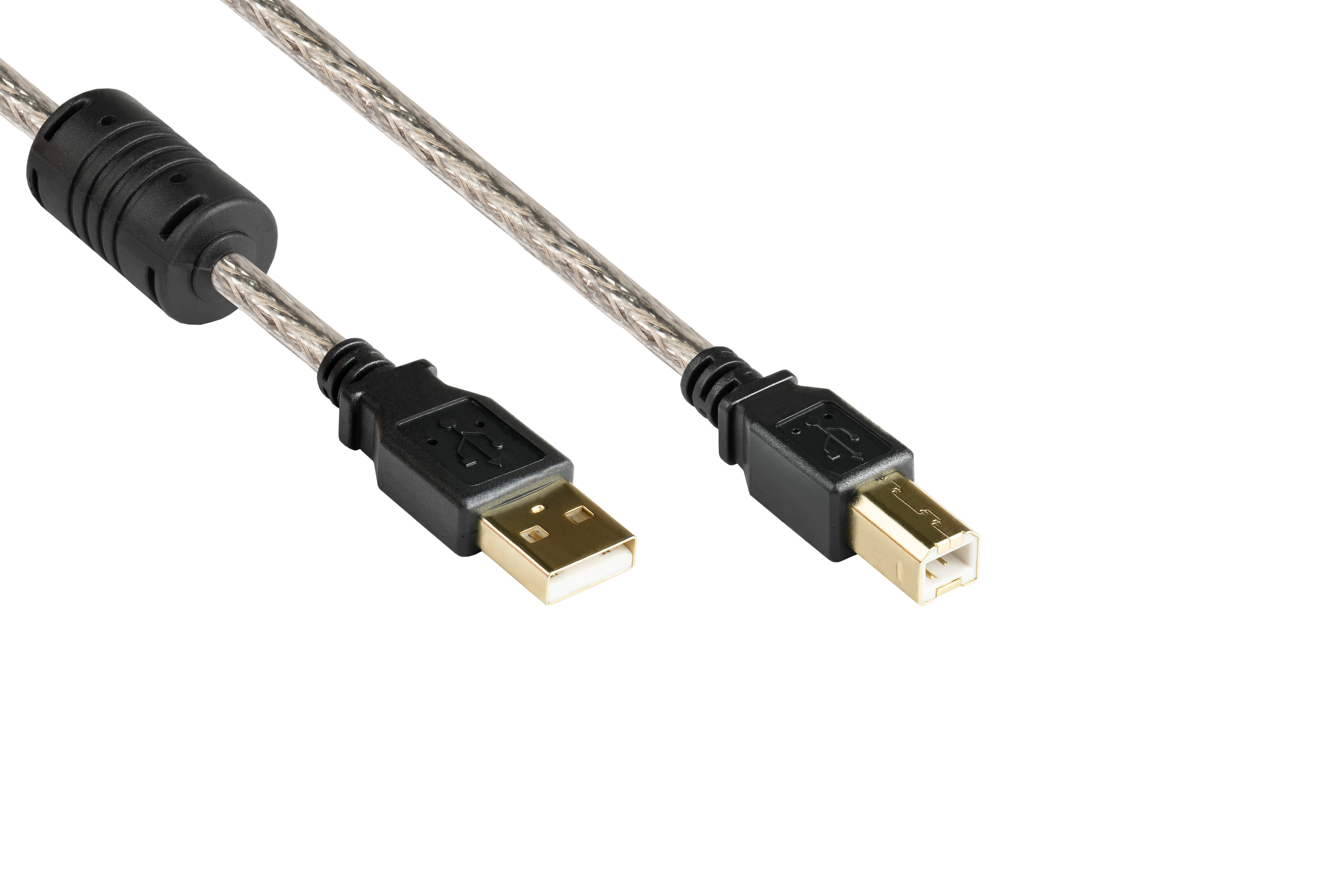 GOOD CONNECTIONS USB 2.0 Stecker mit Goldkontakten, Quality Ferritkern High transparent Anschlusskabel B, und Stecker an A