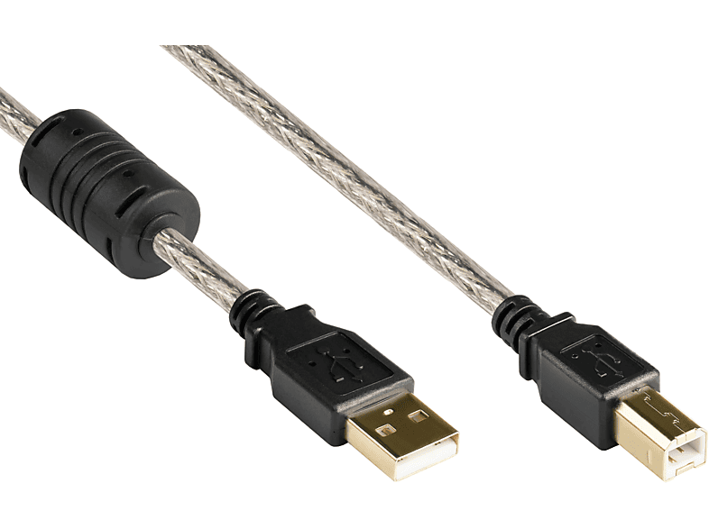 GOOD CONNECTIONS USB 2.0 Stecker A an Stecker B, High Quality mit Ferritkern und Goldkontakten, transparent Anschlusskabel