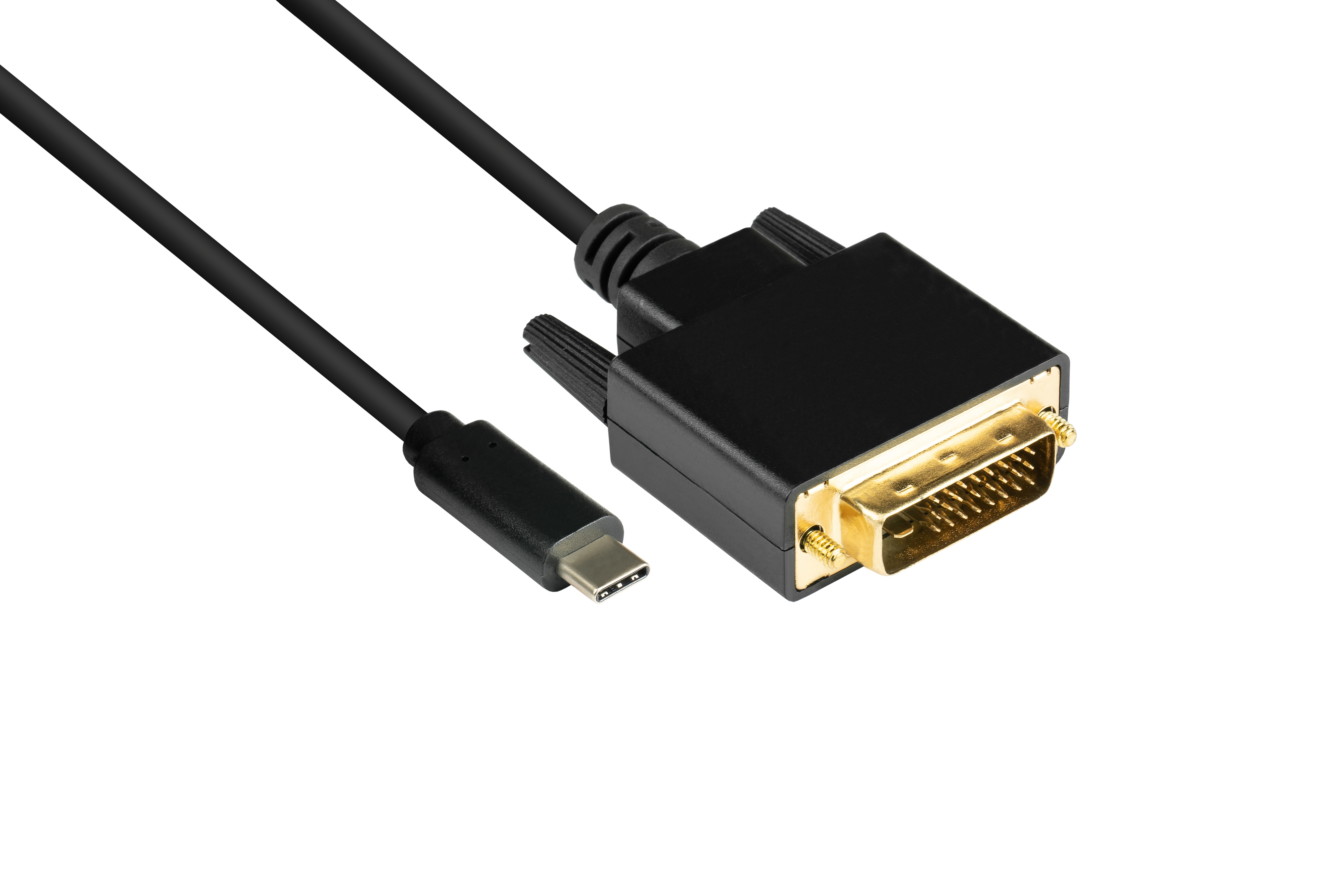 Schwarzes Kabel mit USB-C- und DVI-Anschluss auf weißem Hintergrund.