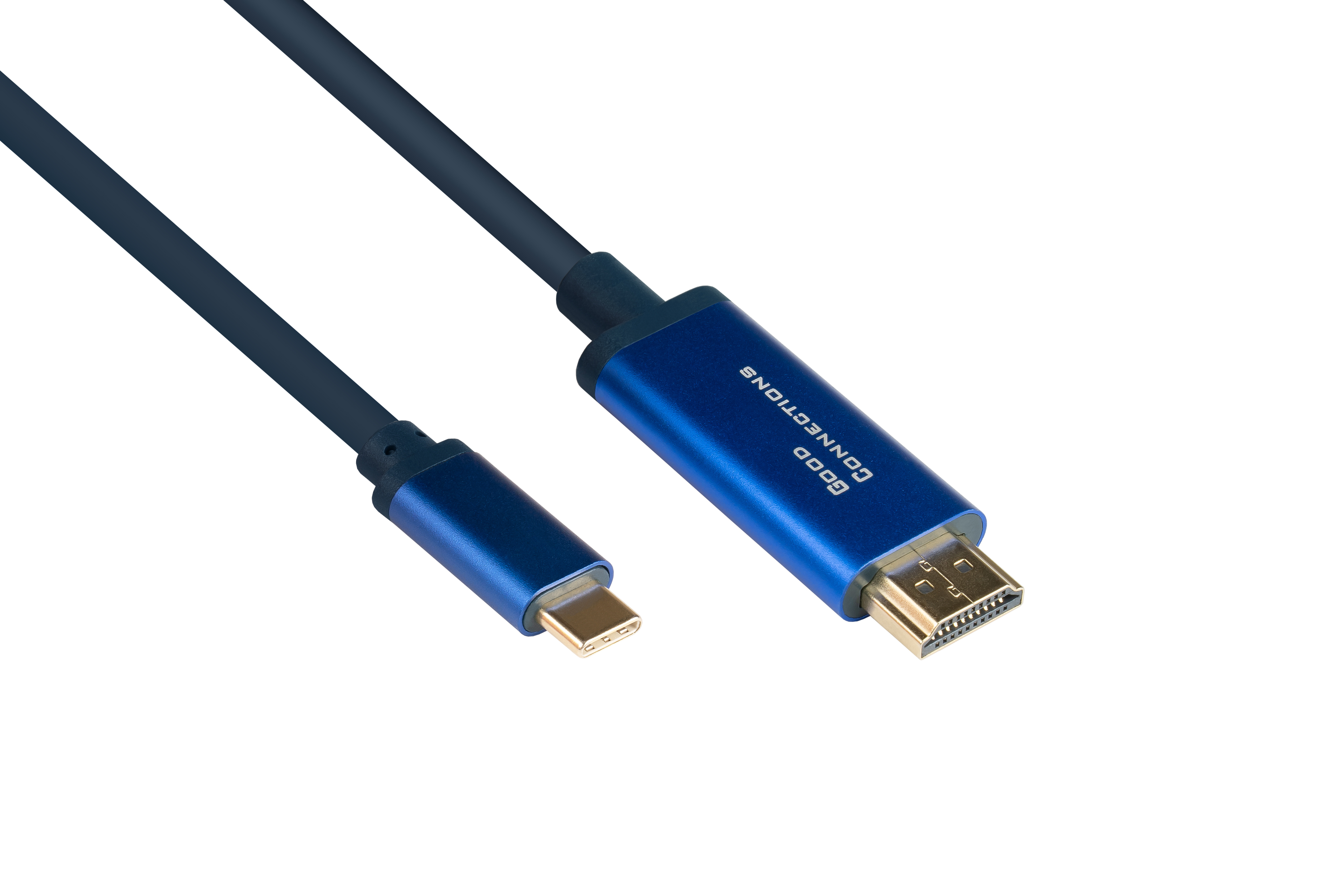 Blaues HDMI-Kabel mit USB-C-Anschluss auf weißem Hintergrund.