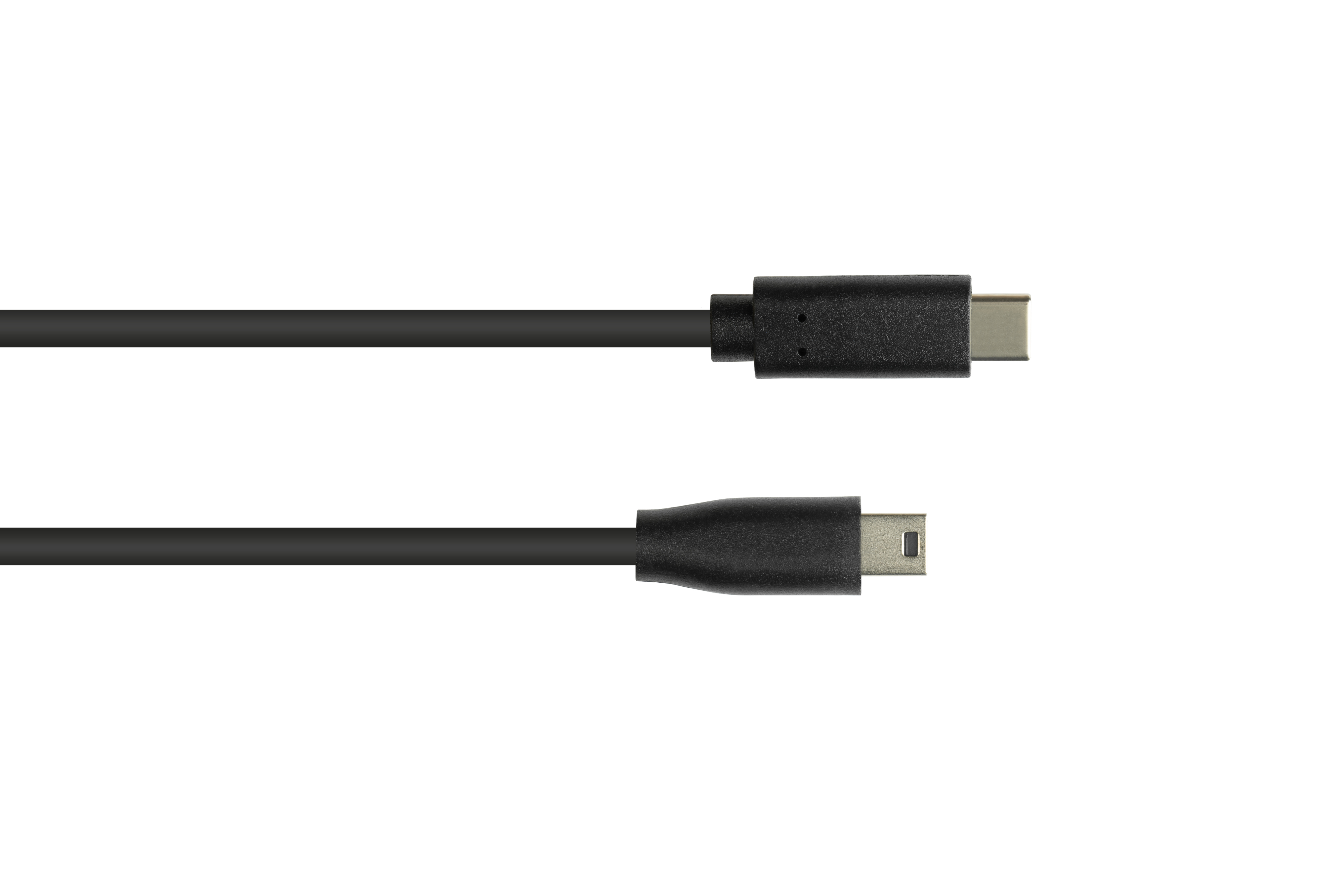 Cavo da USB-C a Mini-USB nero. Entrambe le estremità sono nere e lo sfondo è bianco.