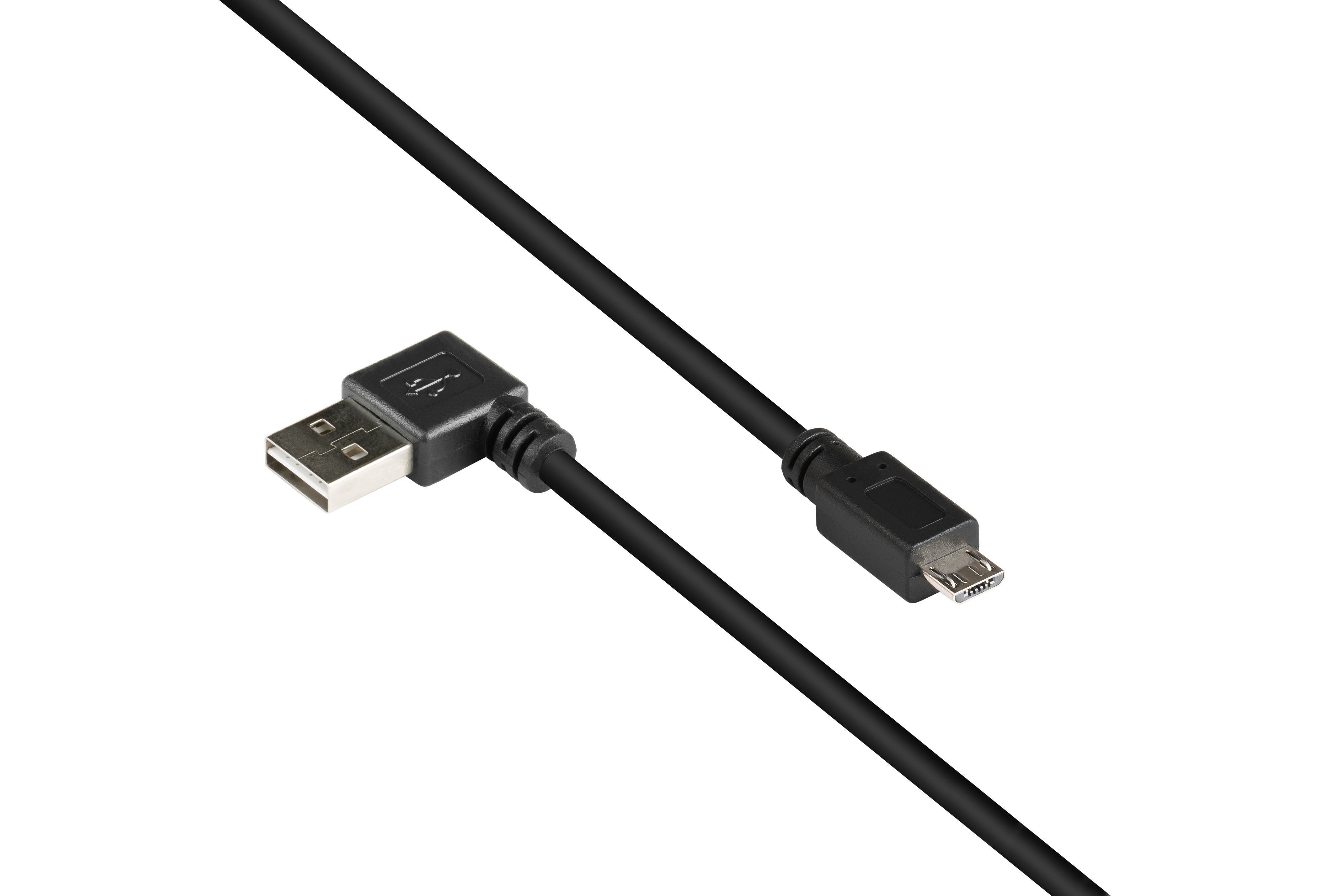 Schwarzes USB-Kabel mit rechtwinkligem Stecker und Micro-USB-Anschluss, vor weißem Hintergrund.