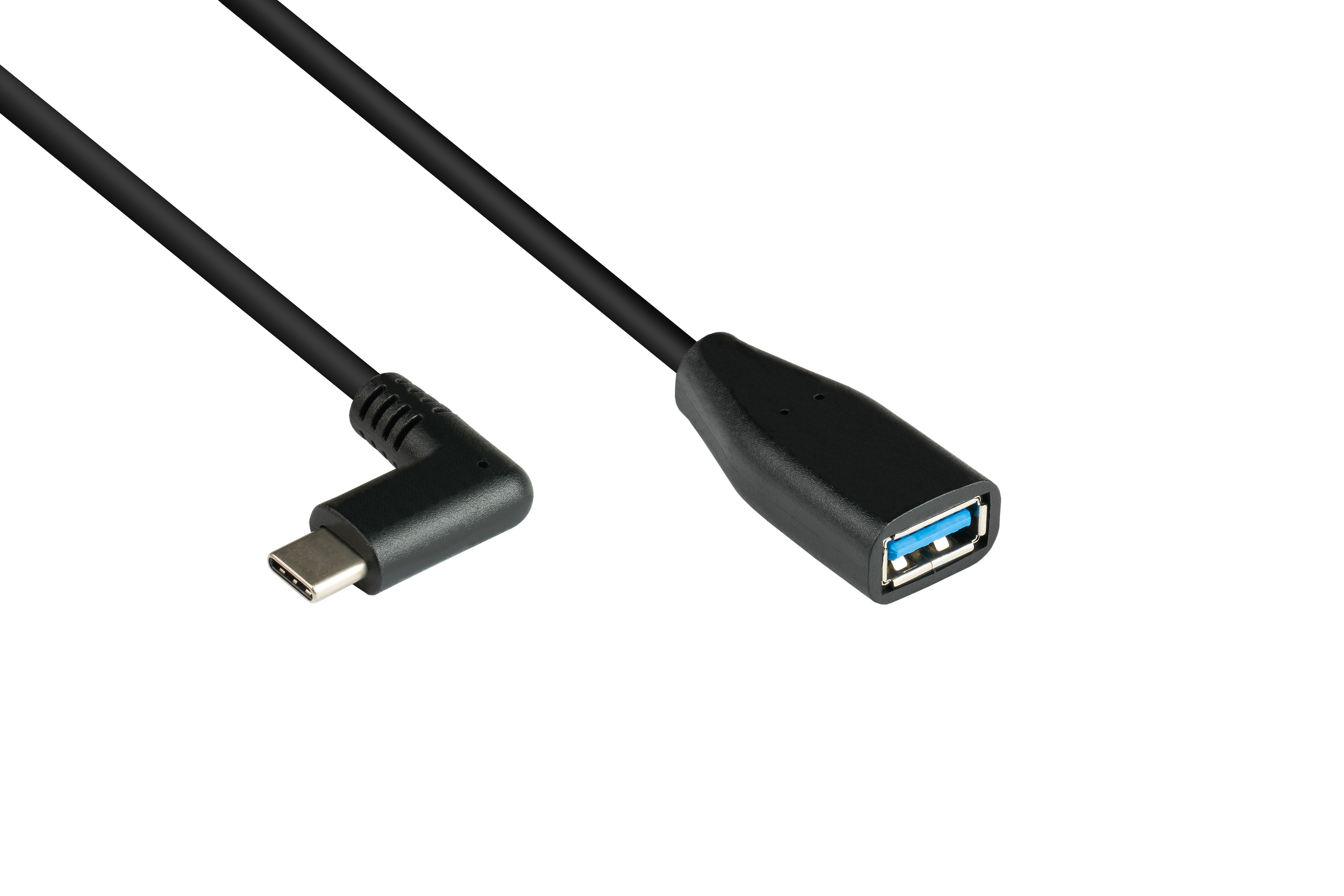 Un cavo USB nero con un connettore USB-A e USB-C, su sfondo bianco.