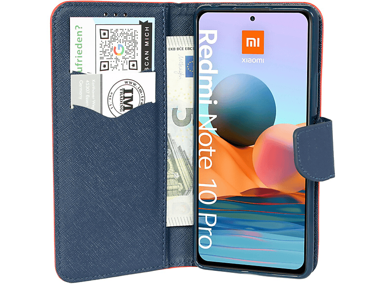 COFI Buch Tasche, Bookcover, Note Xiaomi, 10 Pro, Redmi Rot-Blau