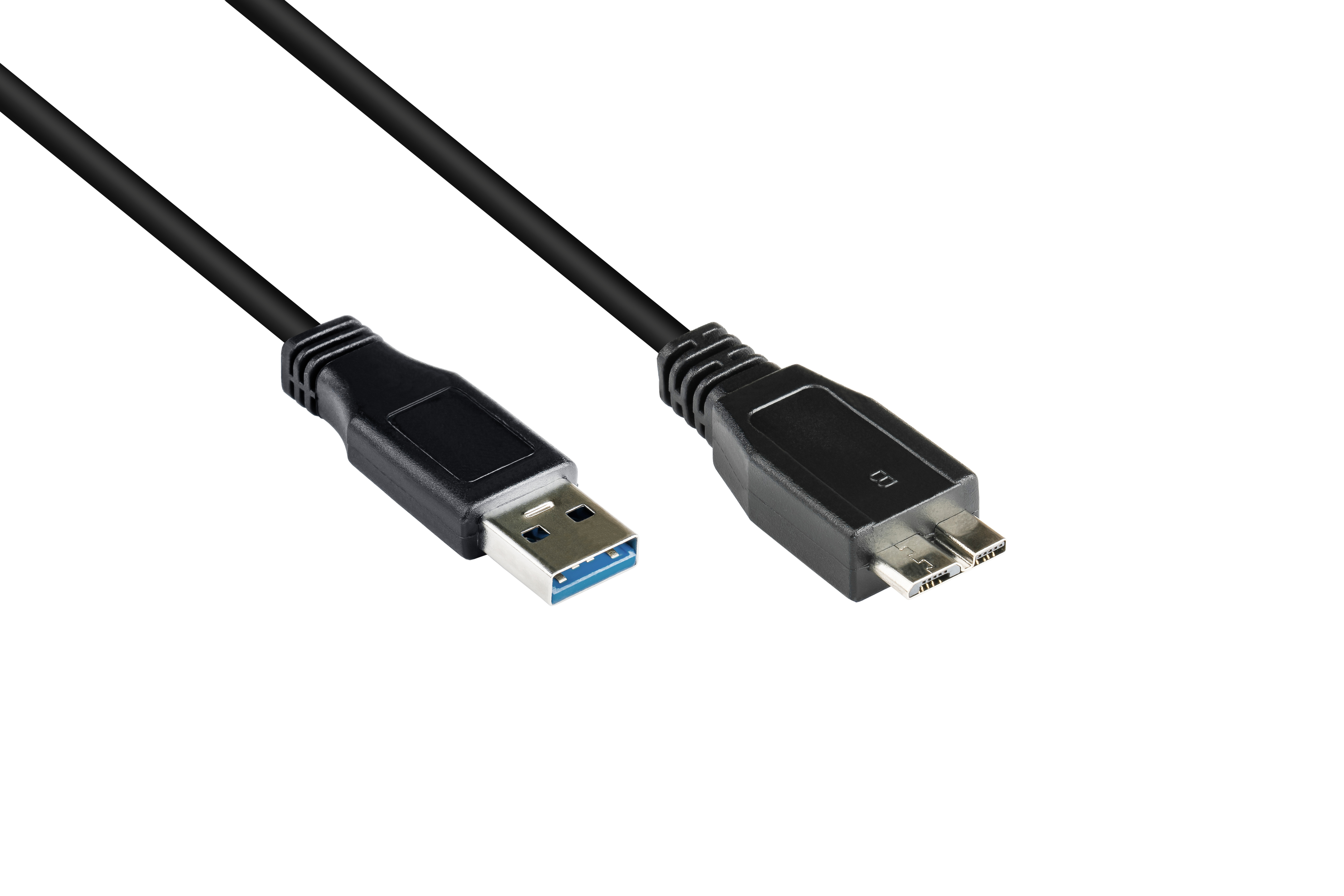 Czarny kabel USB, złącze USB-A do micro USB-B, na białym tle.