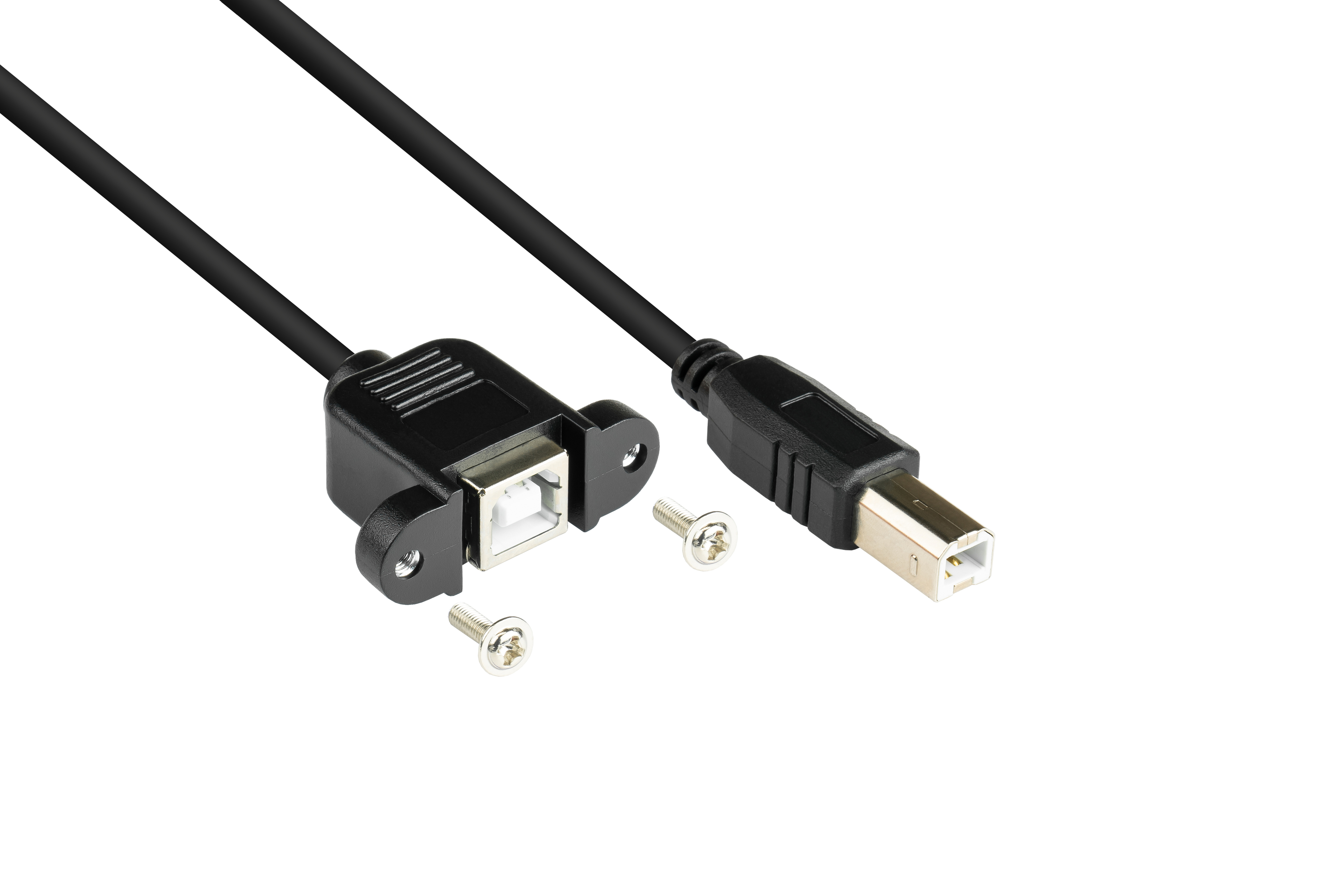Czarny kabel USB ze złączem do montażu panelowego i śrubami na białym tle.