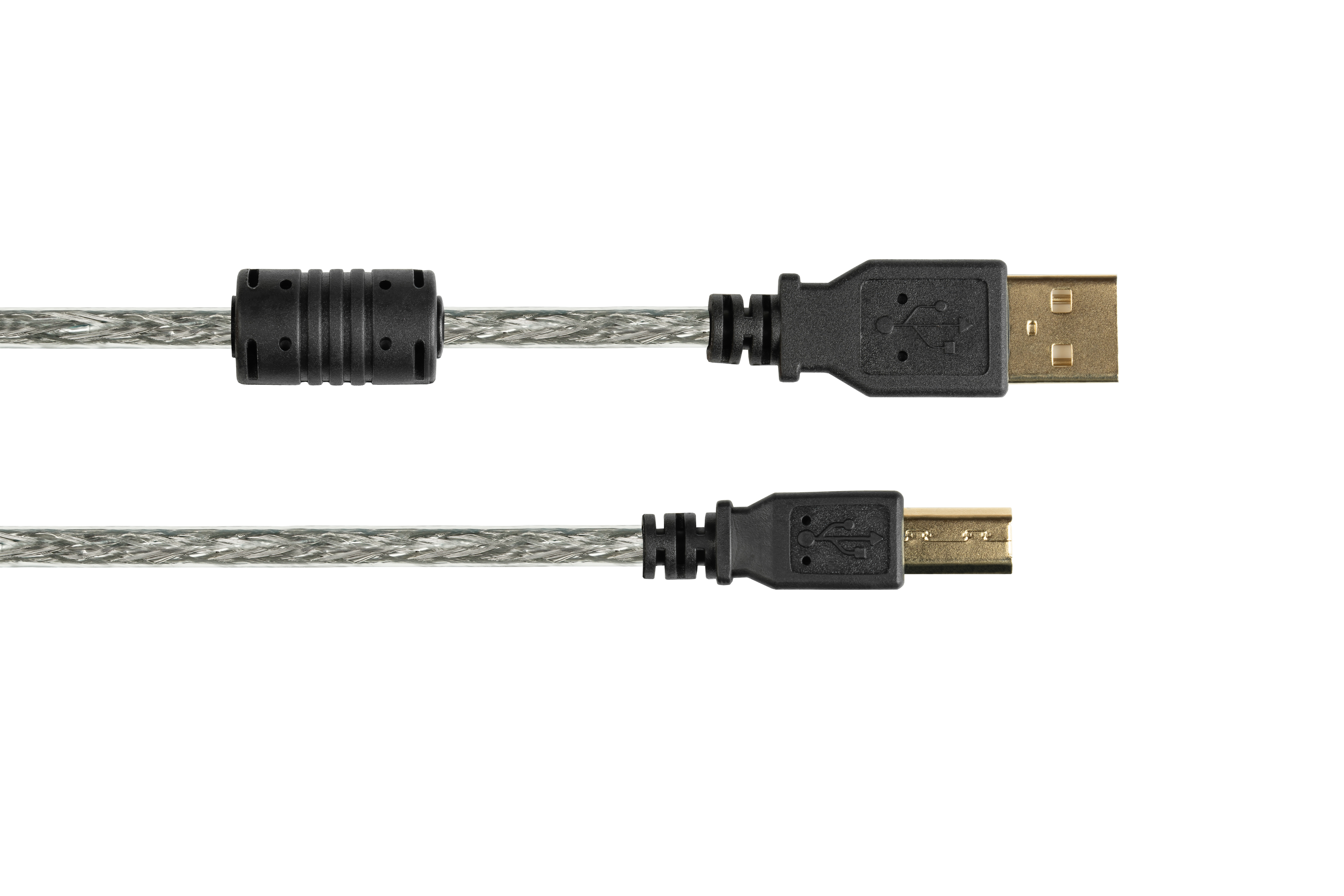 Due cavi USB con connettori neri e filo grigio argento, su sfondo bianco.
