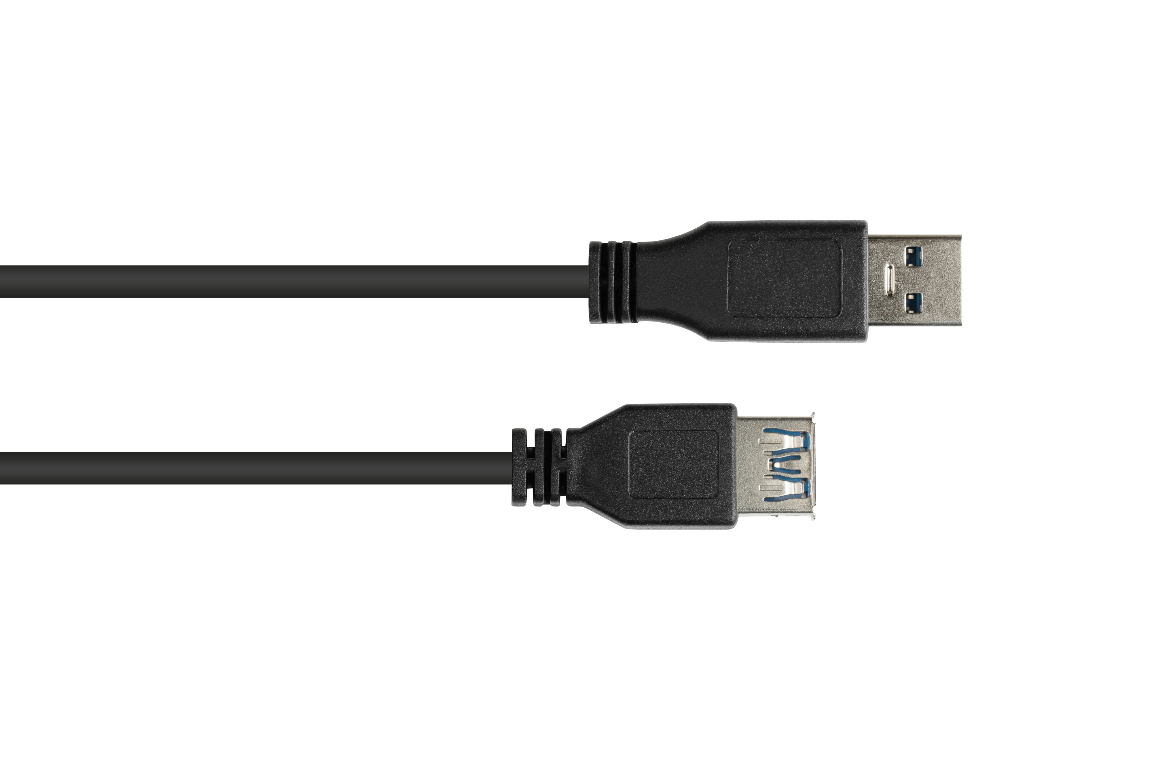 Schwarzes USB-Kabel. Die Anschlüsse befinden sich an den Enden. Weißer Hintergrund.