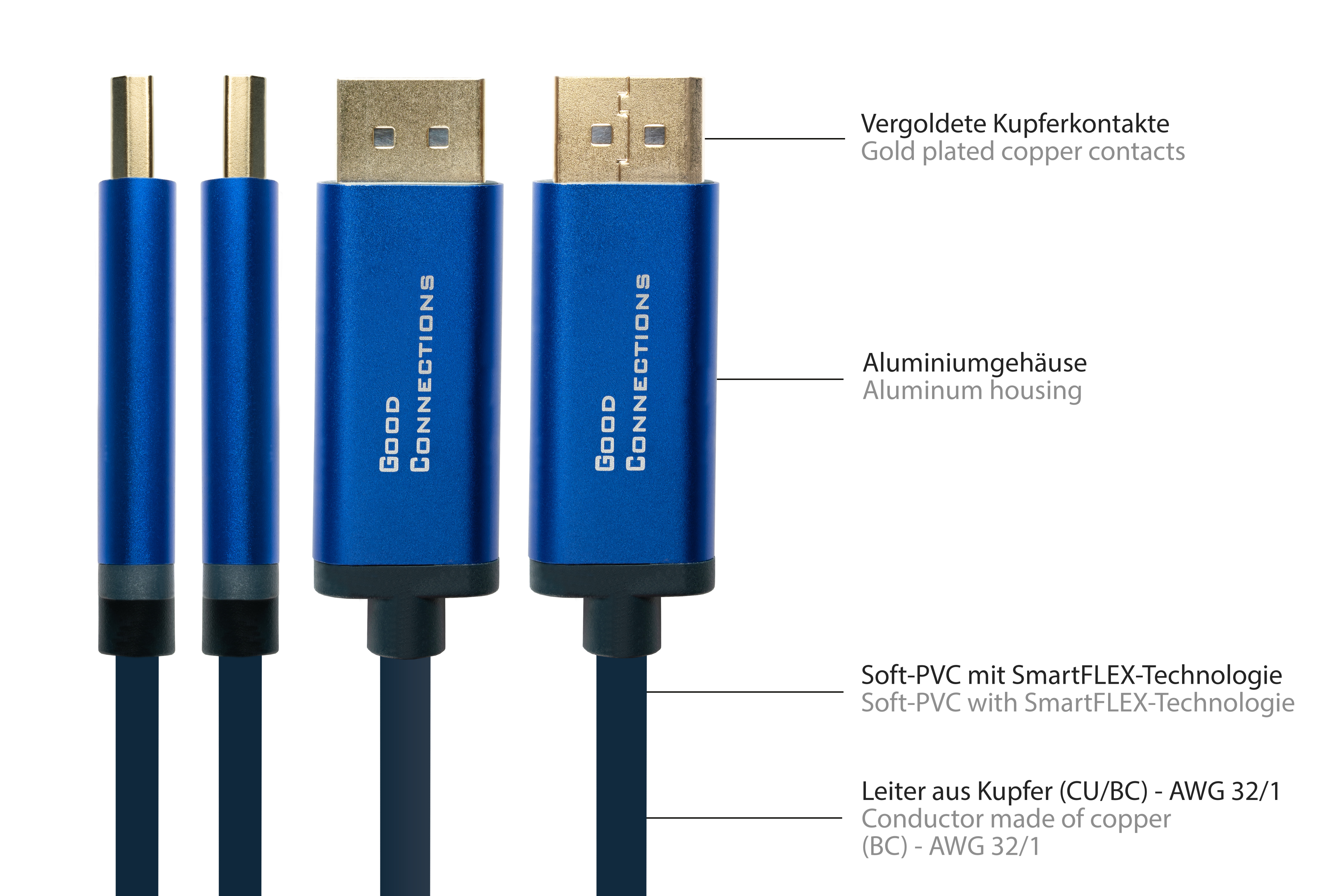 CONNECTIONS CU, UHD SmartFLEX 1.2 Adapterkabel USB-C™ @60Hz, dunkelblau DisplayPort 4K an Kabel, Aluminiumgehäuse, GOOD