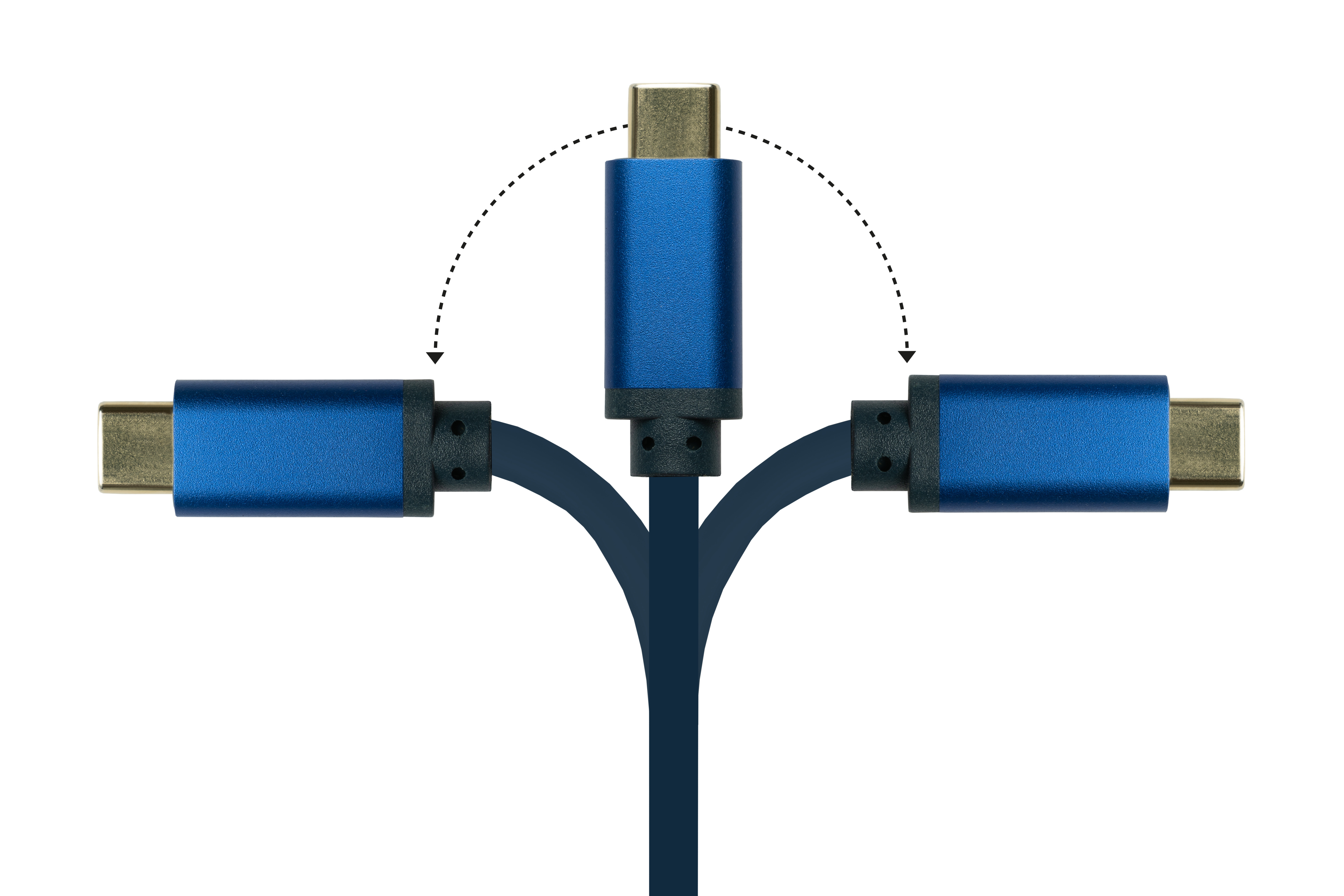Drei blaue USB-C-Kabel, die an einem zentralen Punkt verbunden sind und eine Y-Form bilden. Pfeile zeigen, wie sie verbunden sind.