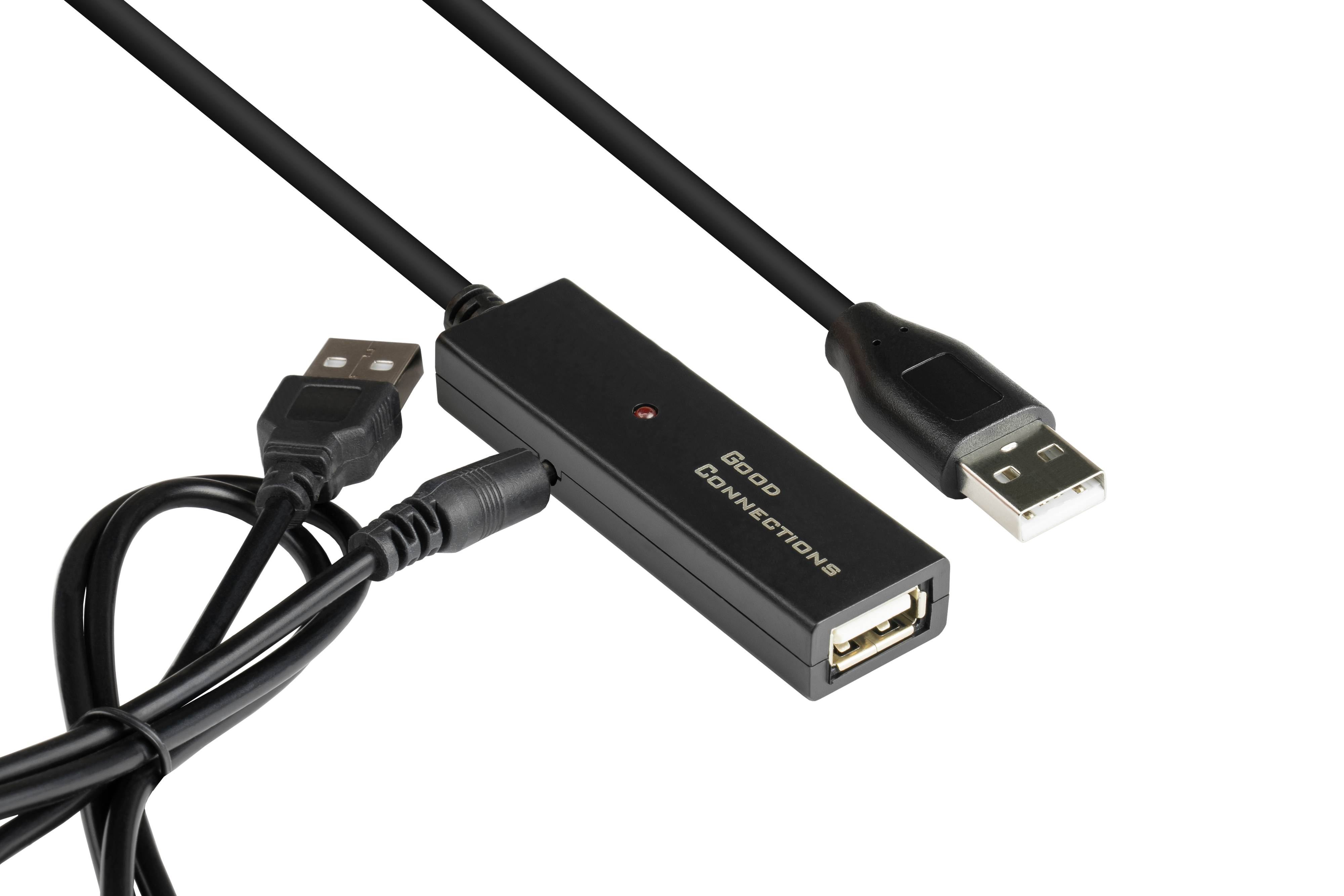 Cavo USB nero con adattatore nero collegato a un altro cavo USB, sfondo bianco.