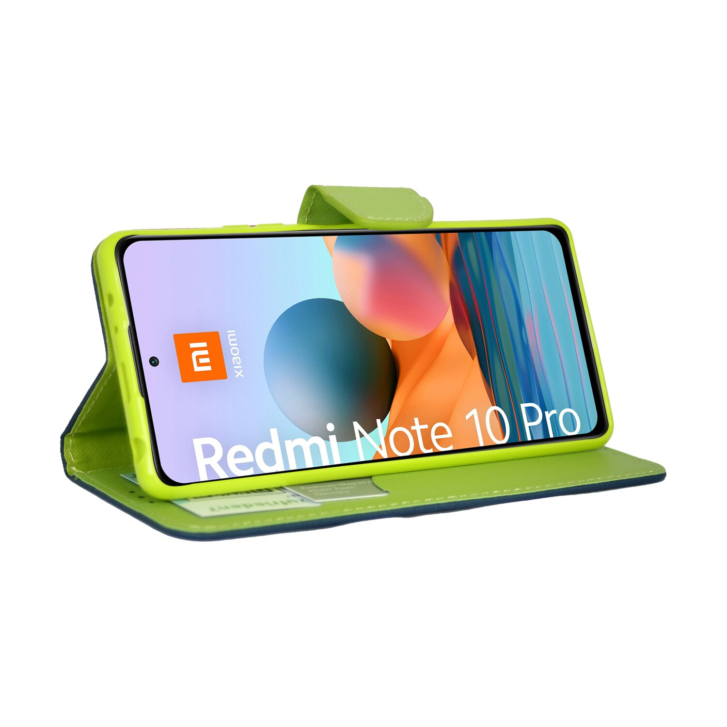 Eine grüne Handyhülle mit einem Handy, das 'Redmi Note 10 Pro' auf weißem Hintergrund anzeigt.