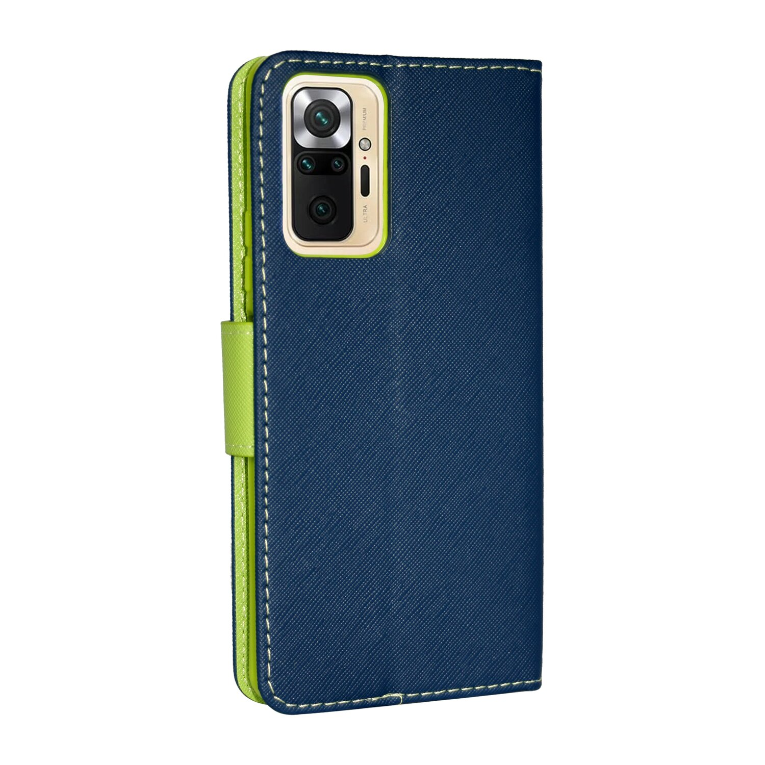 Blaue Handyhülle mit blauem und grünem Etui. Das Etui ist geöffnet. Weiße Nähte.
