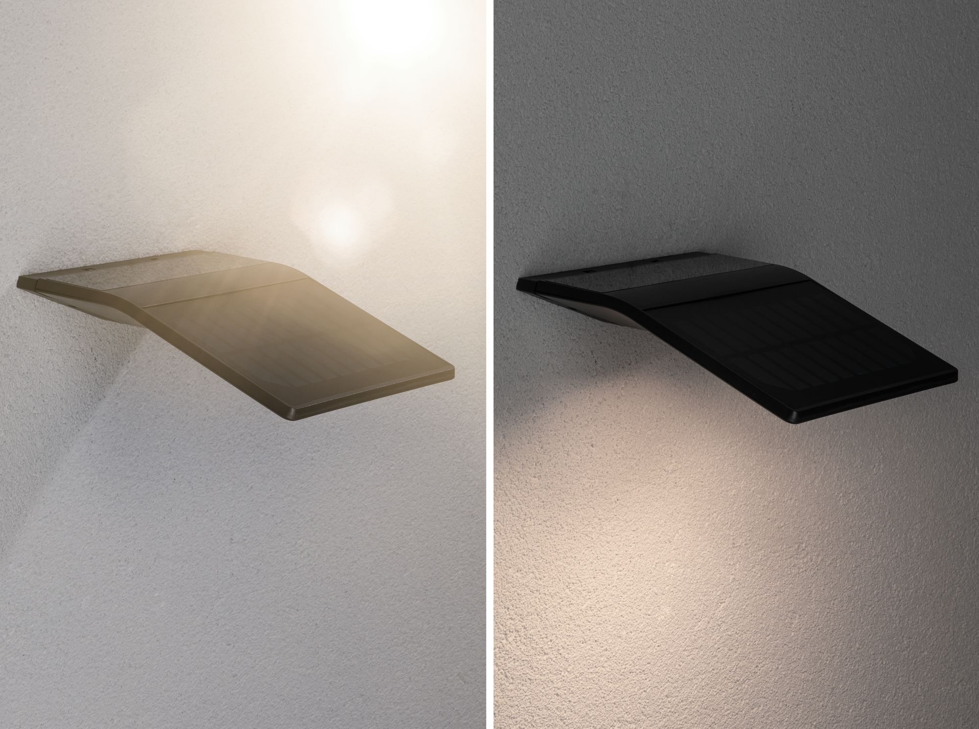 Dwie lampy naścienne. Jedna podświetlona, rzucająca światło, druga zgaszona, w cieniu, na białej ścianie.