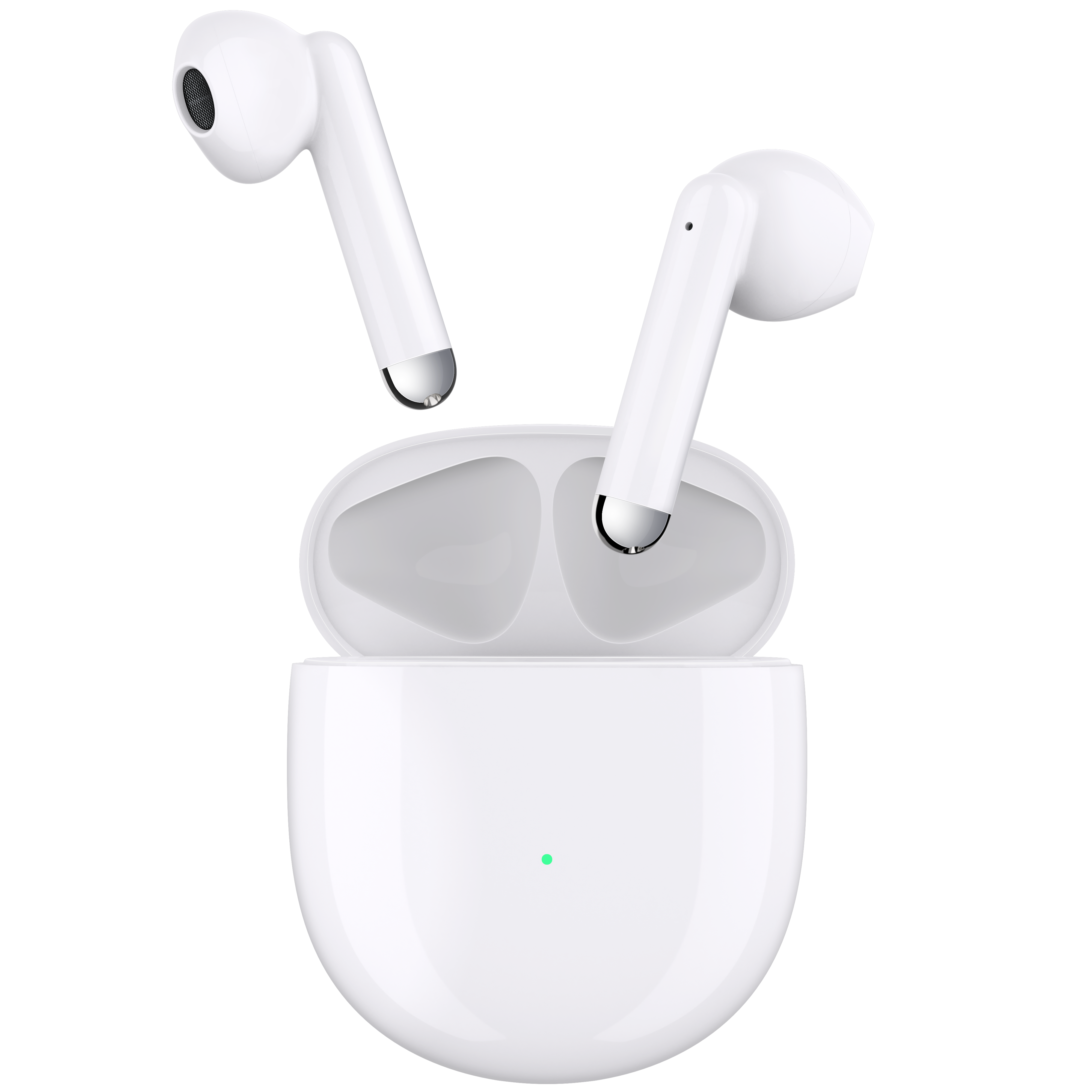 Auriculares inalámbricos blancos, con estuche de carga sobre fondo negro.
