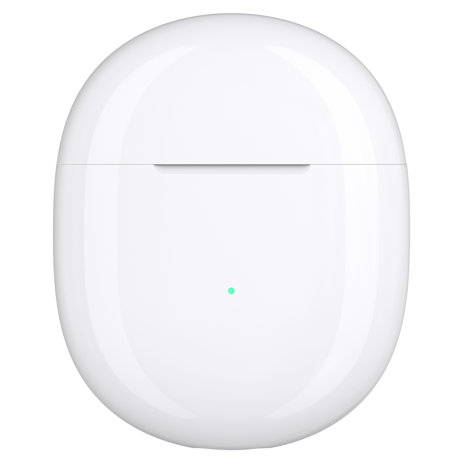 Un estuche de carga de auriculares inalámbricos blanco, ovalado, con una luz verde.