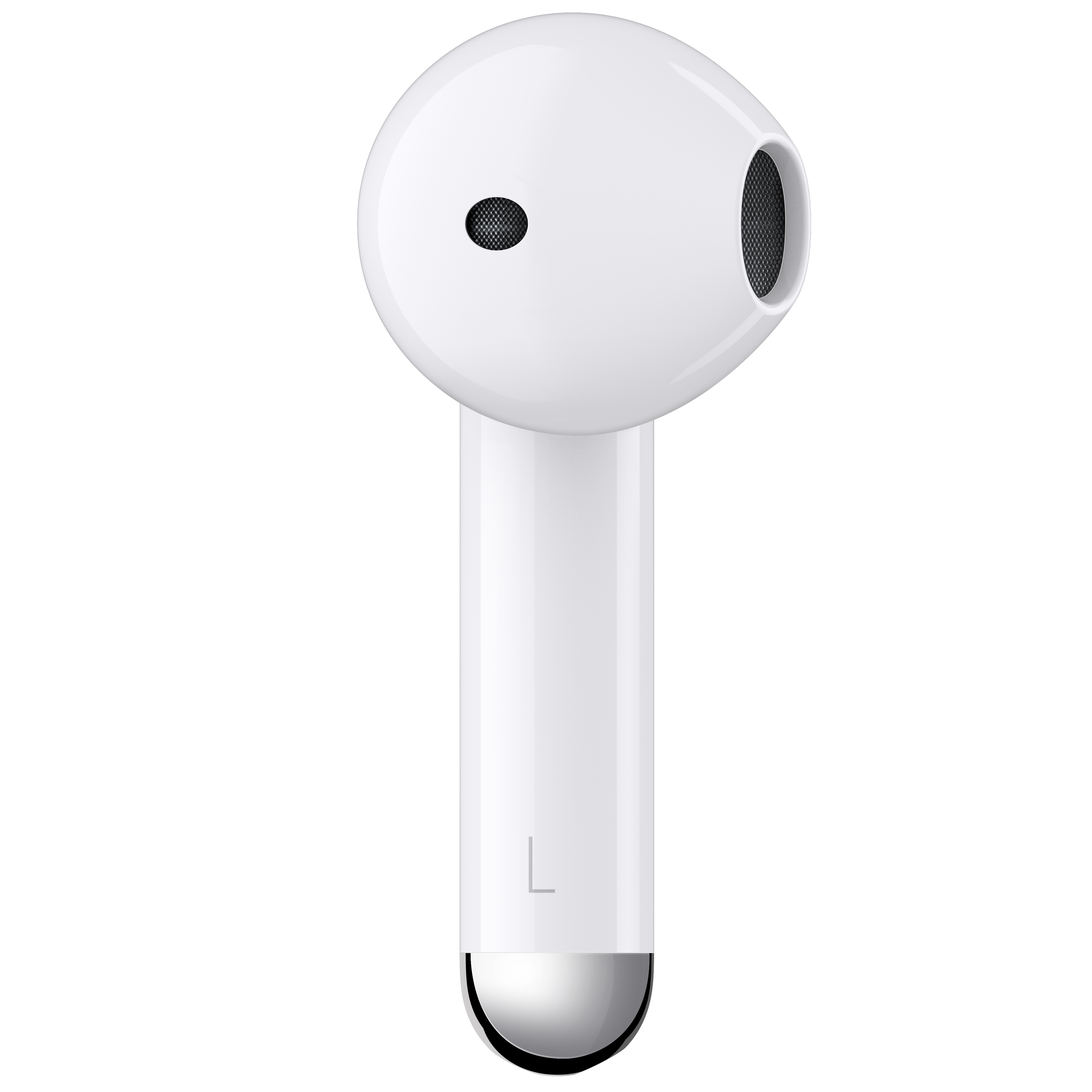 Auricular blanco Apple AirPod. El auricular tiene una malla negra y una base plateada.