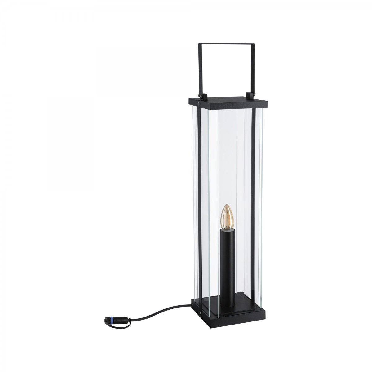Schwarze Außenlaterne mit einem transparenten Glaskörper und einer brennenden Glühbirne.