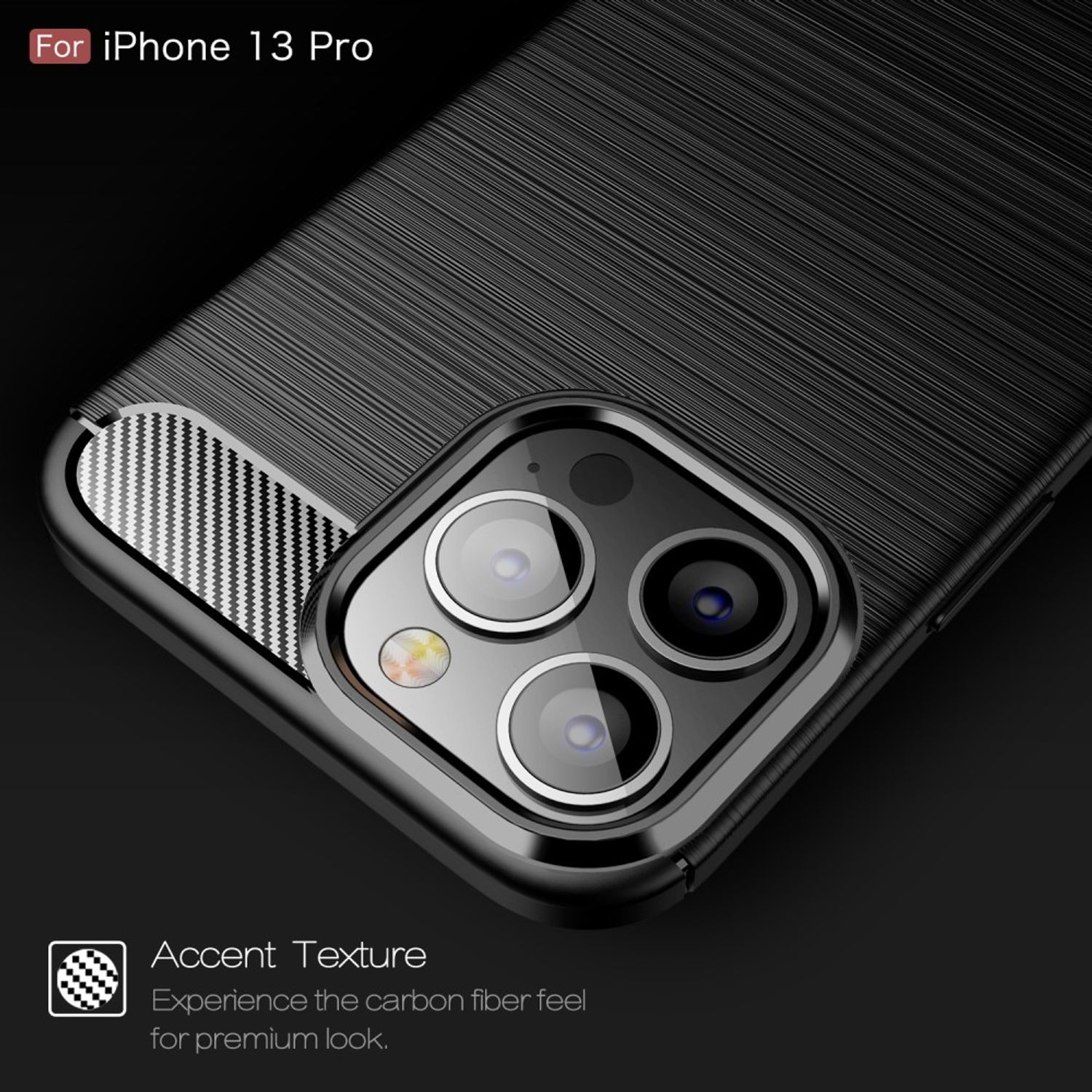 Schwarze Handyhülle mit strukturiertem Design, Kameraausschnitten und dem Text iPhone 13 Pro.