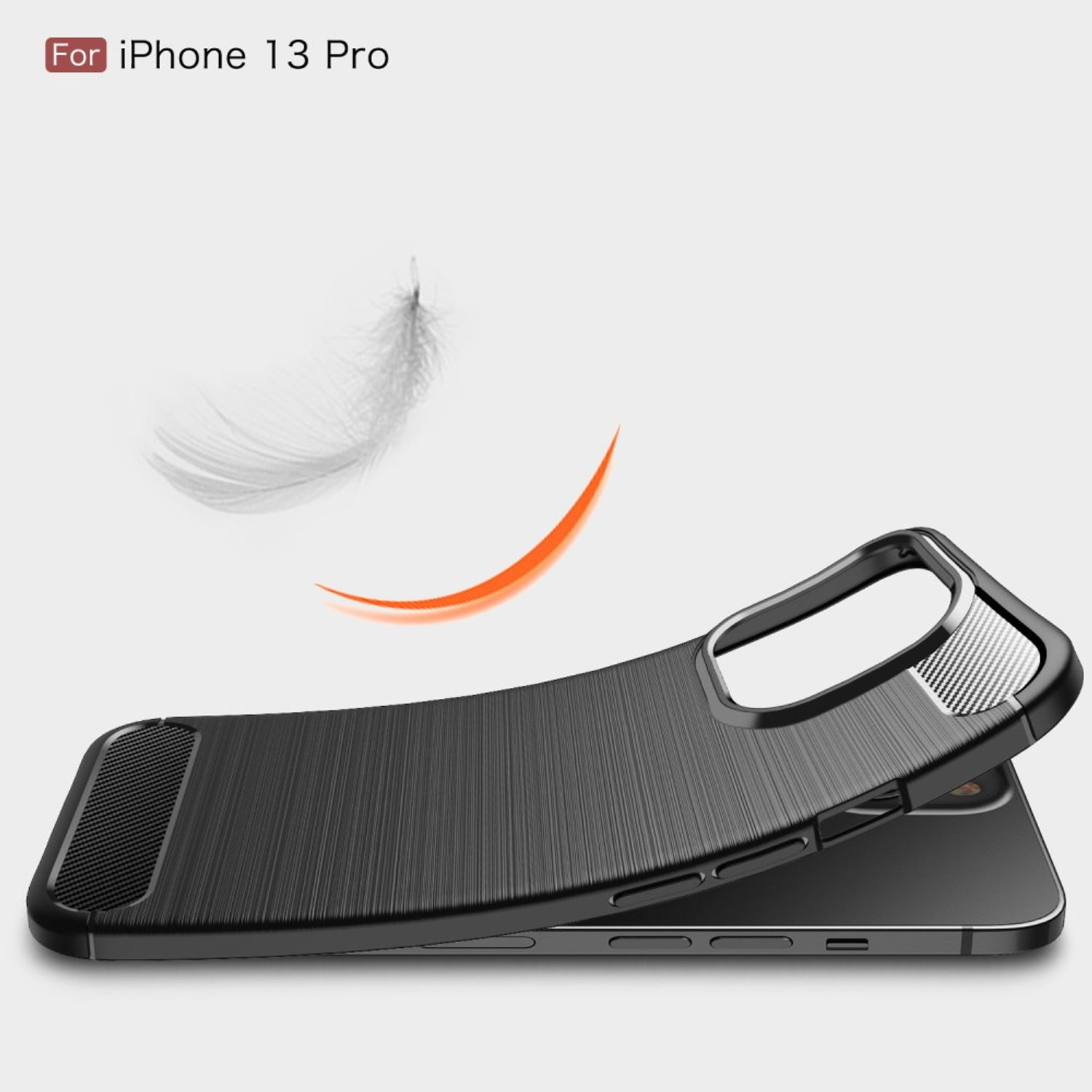 Schwarze Handyhülle, für iPhone 13 Pro. Schwarze strukturierte Oberfläche, mit einem orangefarbenen Bogen und Feder.