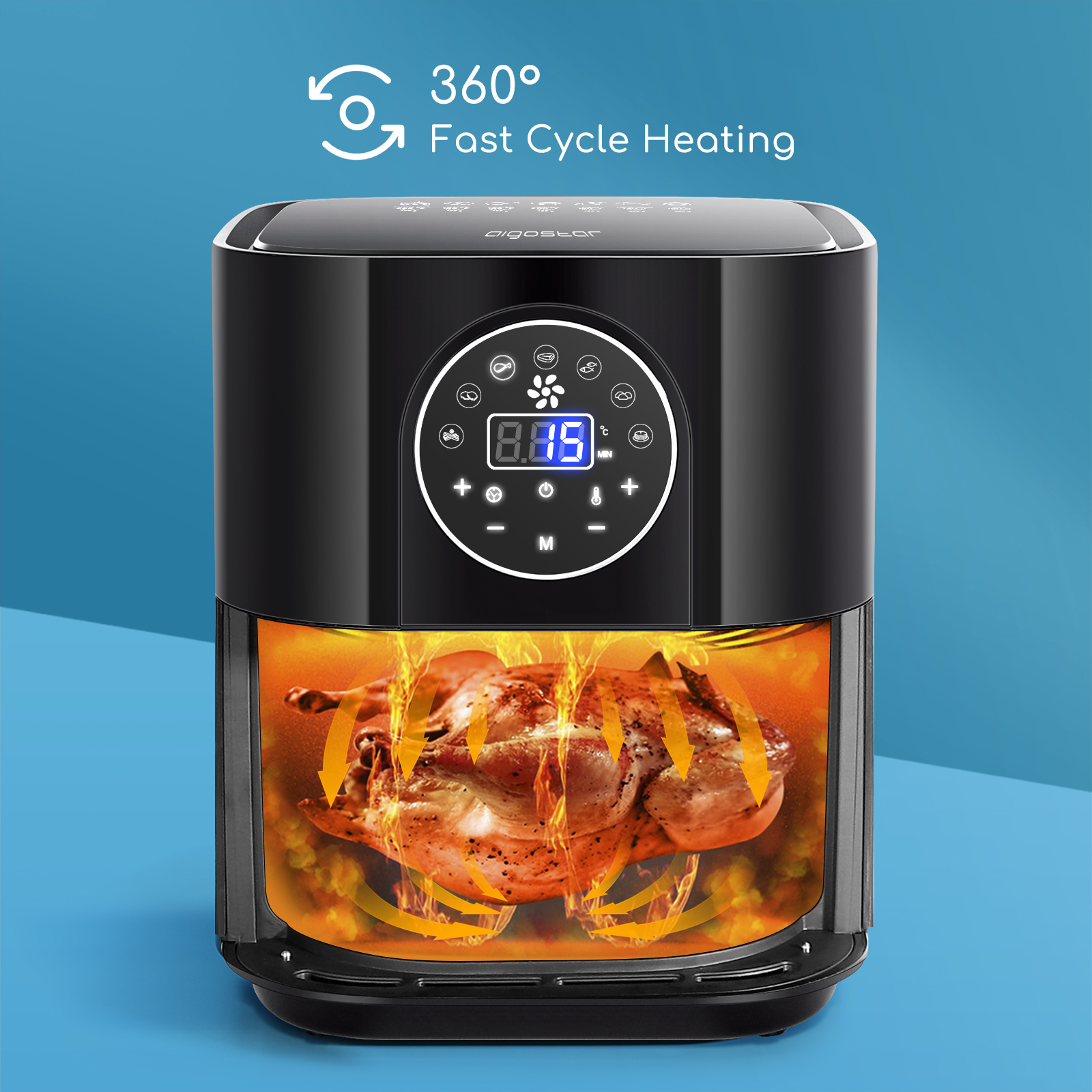 Freidora de aire negra con pantalla digital, mostrando un pollo asado dentro.