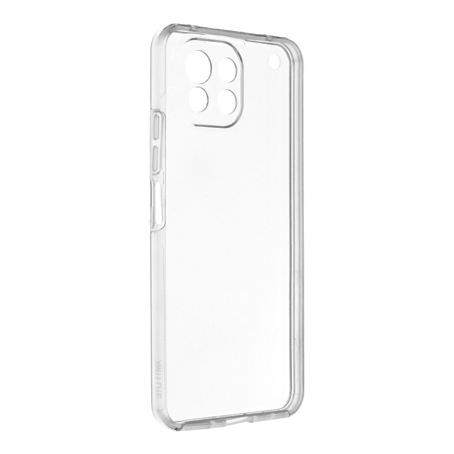 Transparente Handyhülle. Die Hülle ist transparent und an die Form des Telefons angepasst. Weißer Hintergrund.