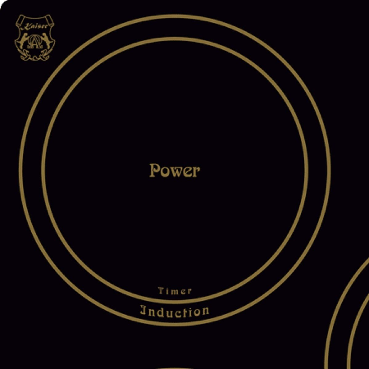 Encimera de inducción con indicadores de energía y temporizador. Fondo negro.