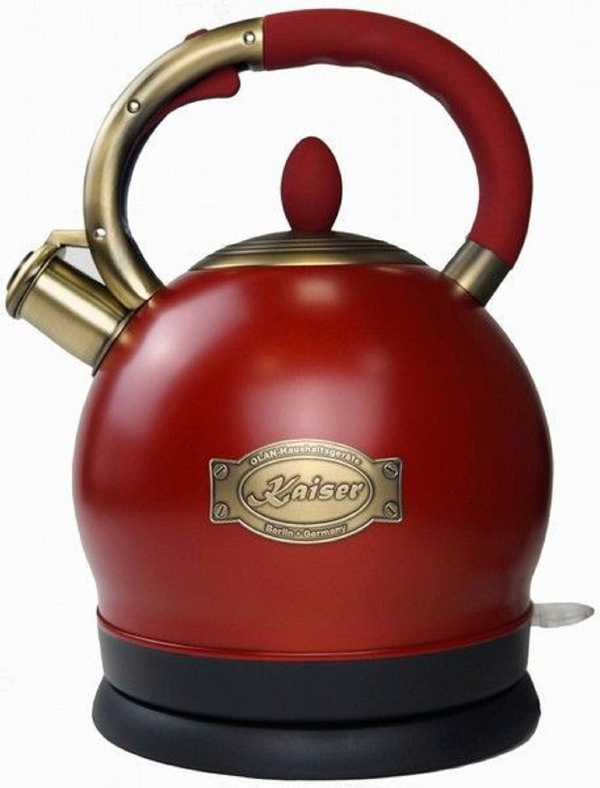 Roter und goldener Kaiser-Wasserkocher mit schwarzem Sockel, rotem Griff und goldfarbenem Ausguss.
