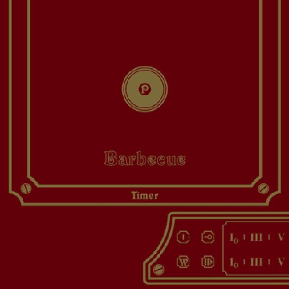 Rotes und goldenes Grill-Bedienfeld mit Text: Grill, Timer und ein Zifferblatt. Darunter befinden sich mehrere Tasten.