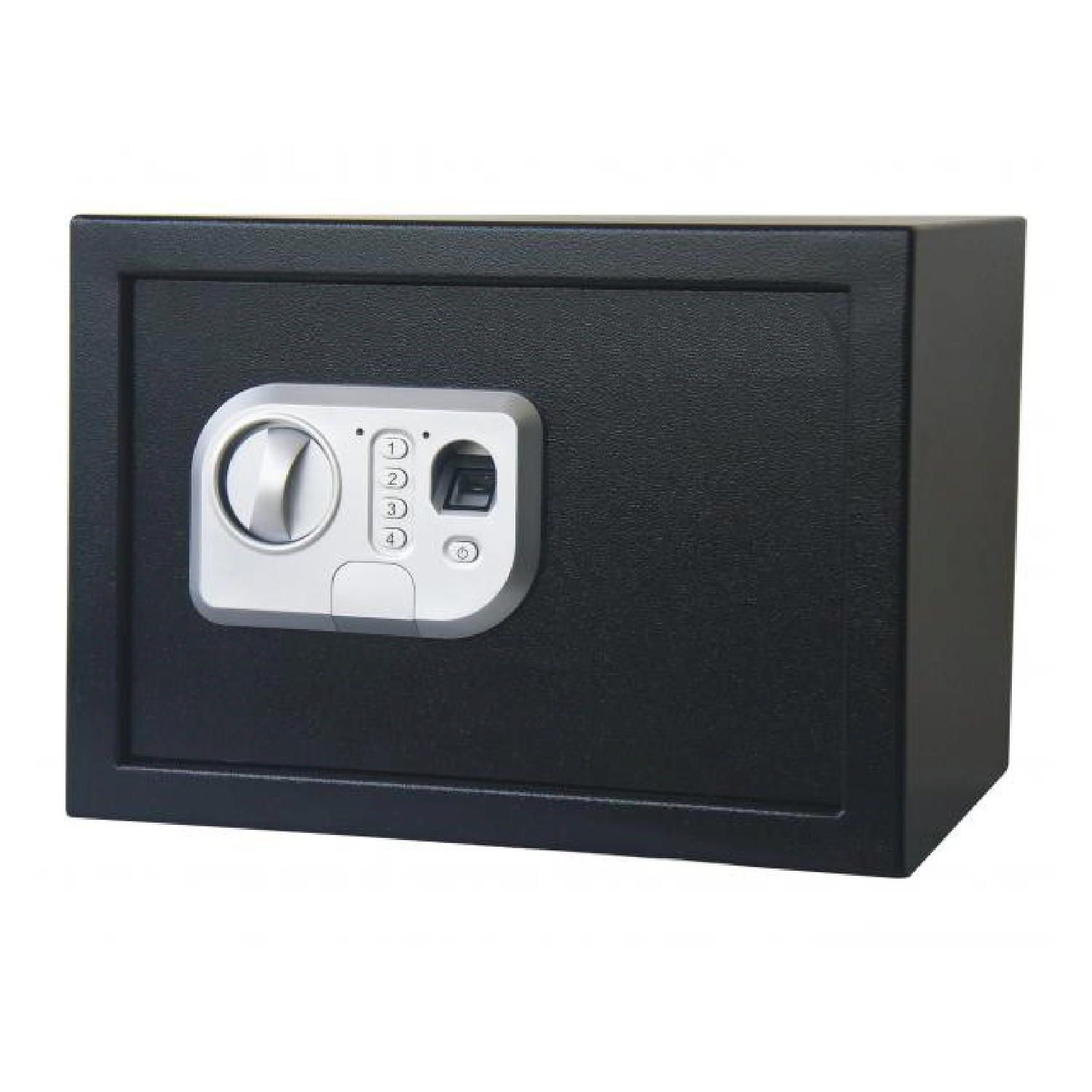 Schwarzer Safe mit digitalem Tastenfeld und Fingerabdruckscanner. Der Safe ist geschlossen.