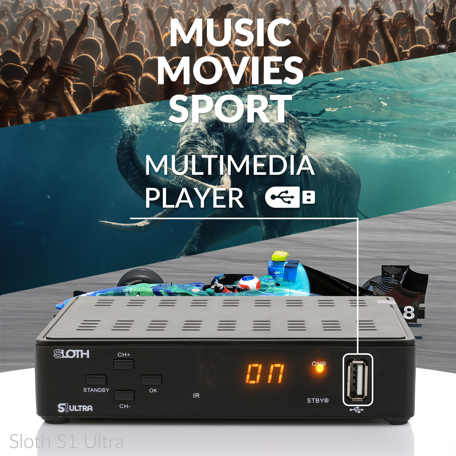 Schwarzer Multimedia-Player mit USB-Anschluss und Text auf dem Bildschirm. Menschenmenge und Wasser im Hintergrund.