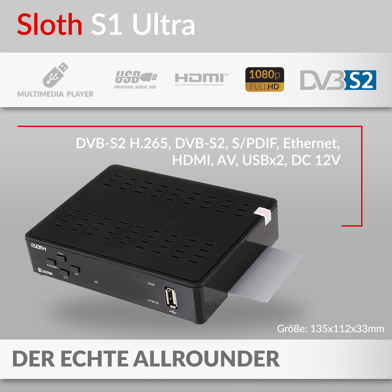 Schwarzer Multimedia-Player mit USB- und HDMI-Anschlüssen und Textetiketten. Weißer und blauer Hintergrund.