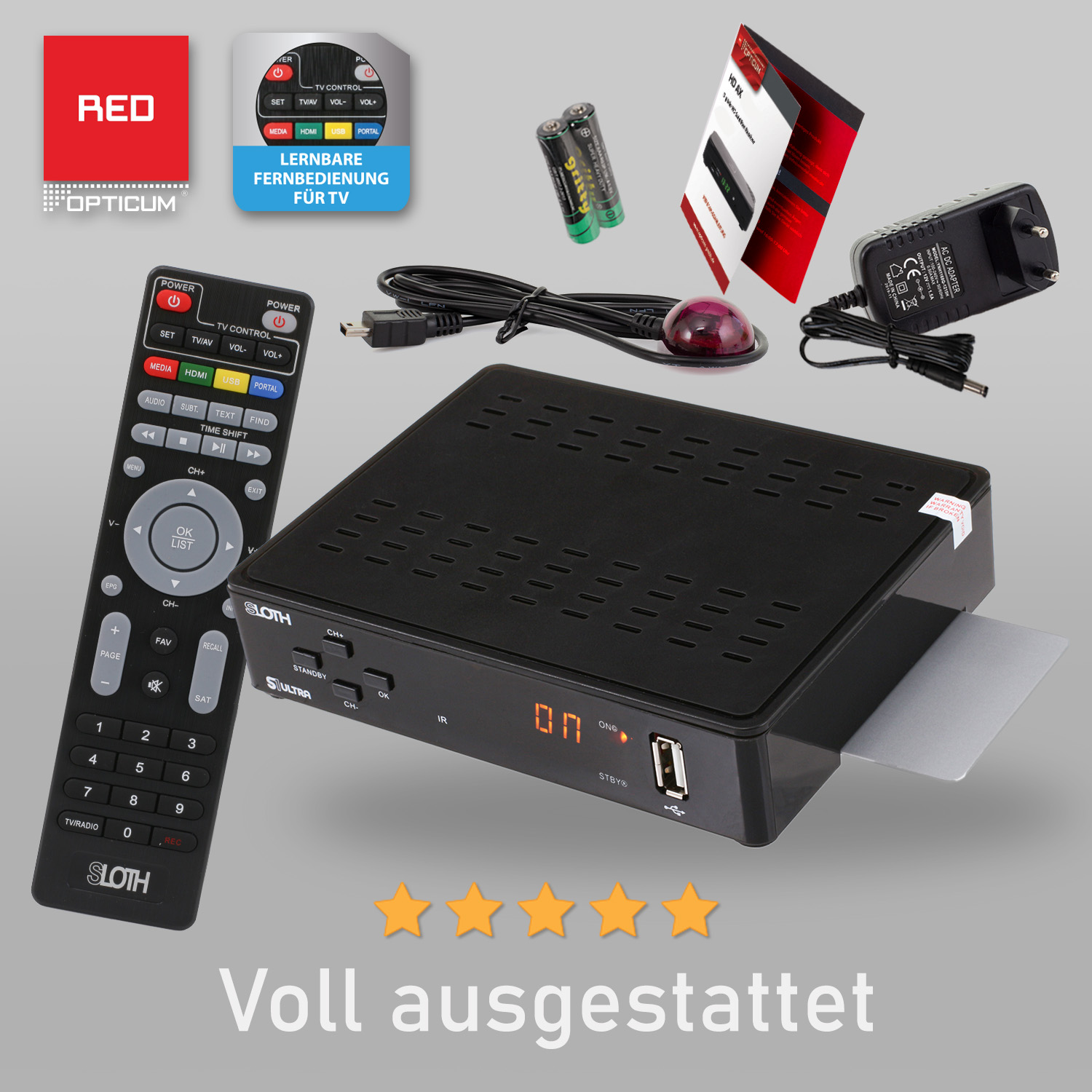 Set-Top-Box mit Fernbedienung, Batterien und Zubehör, mit Sternen unten.