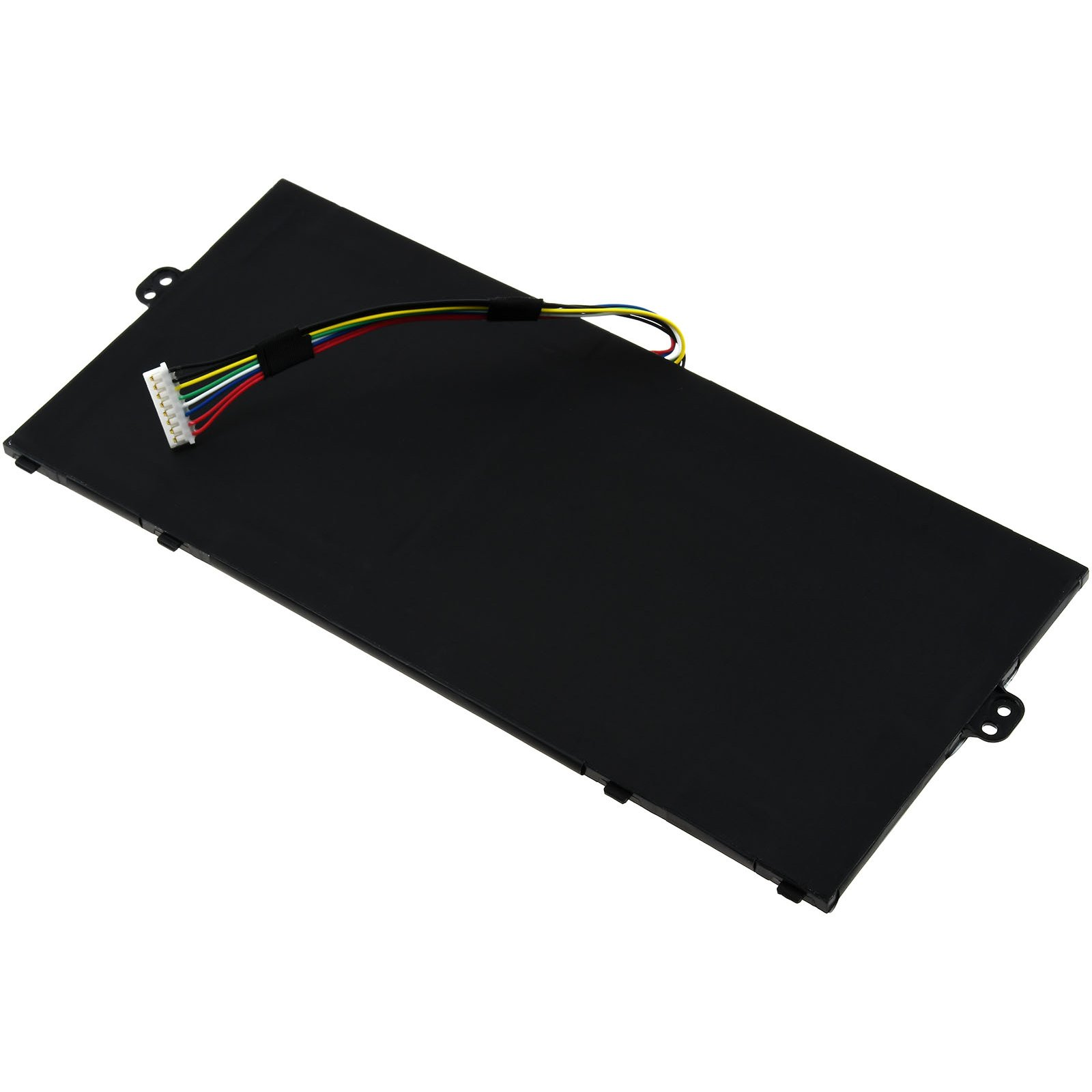 Ein schwarzer Laptop-Akku mit einem Anschluss und mehrfarbigen Drähten auf weißem Hintergrund.