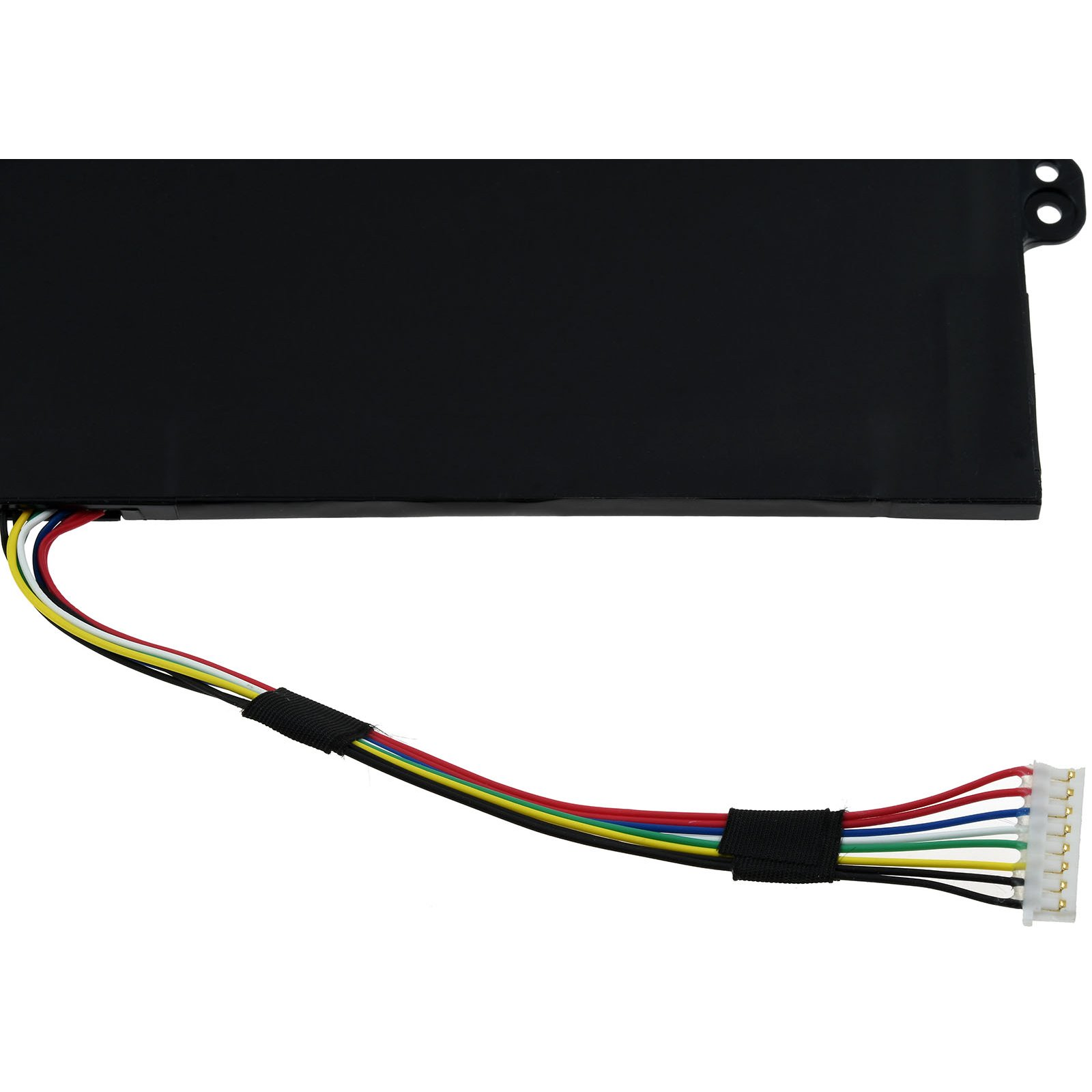 Ein schwarzes Laptop-Akkupack mit mehrfarbigen Kabeln. Die Kabel sind mit einem Stecker verbunden.