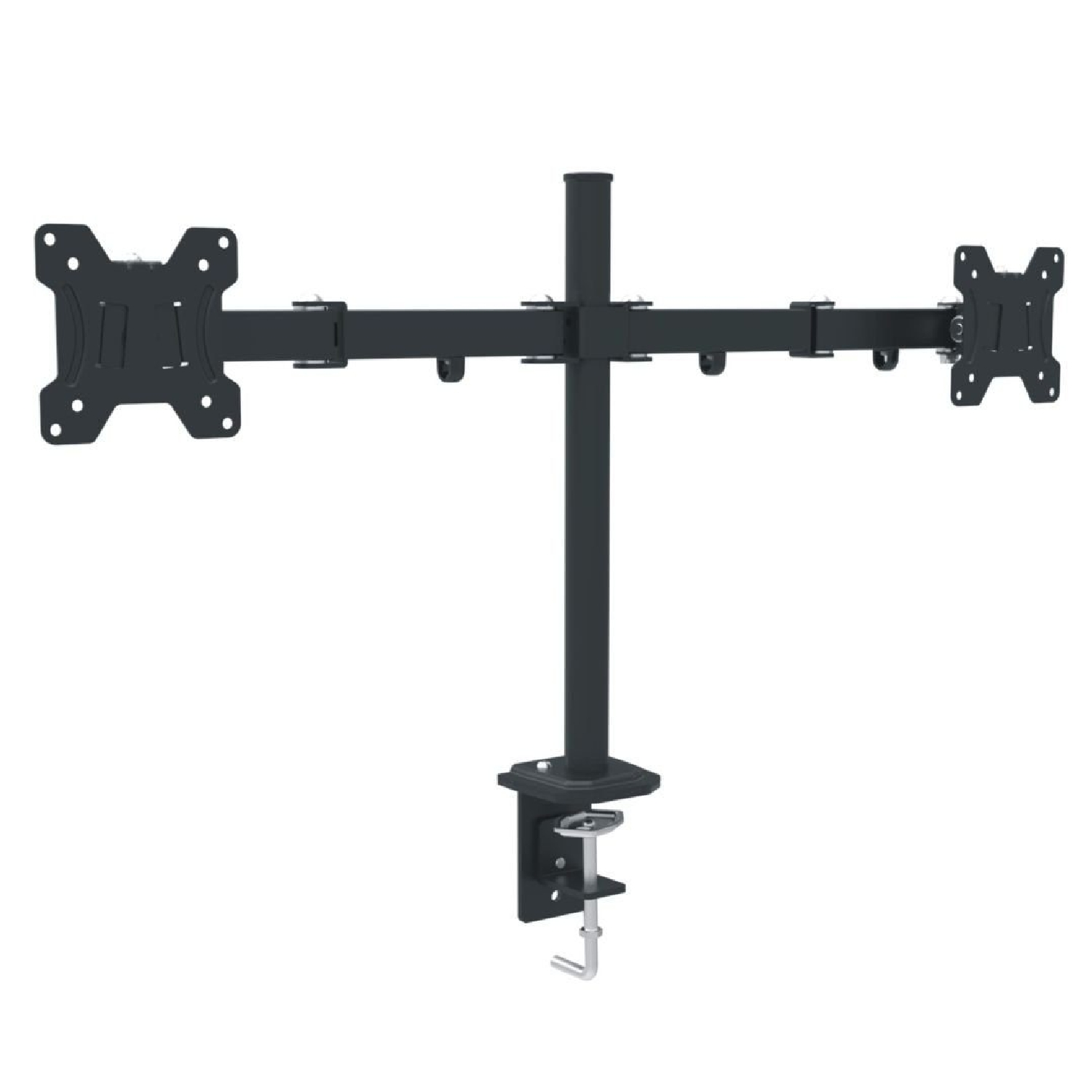 Halterung für zwei Monitore. Schwarz, mit zwei Monitorhalterungen und einer Klemme für den Schreibtisch.