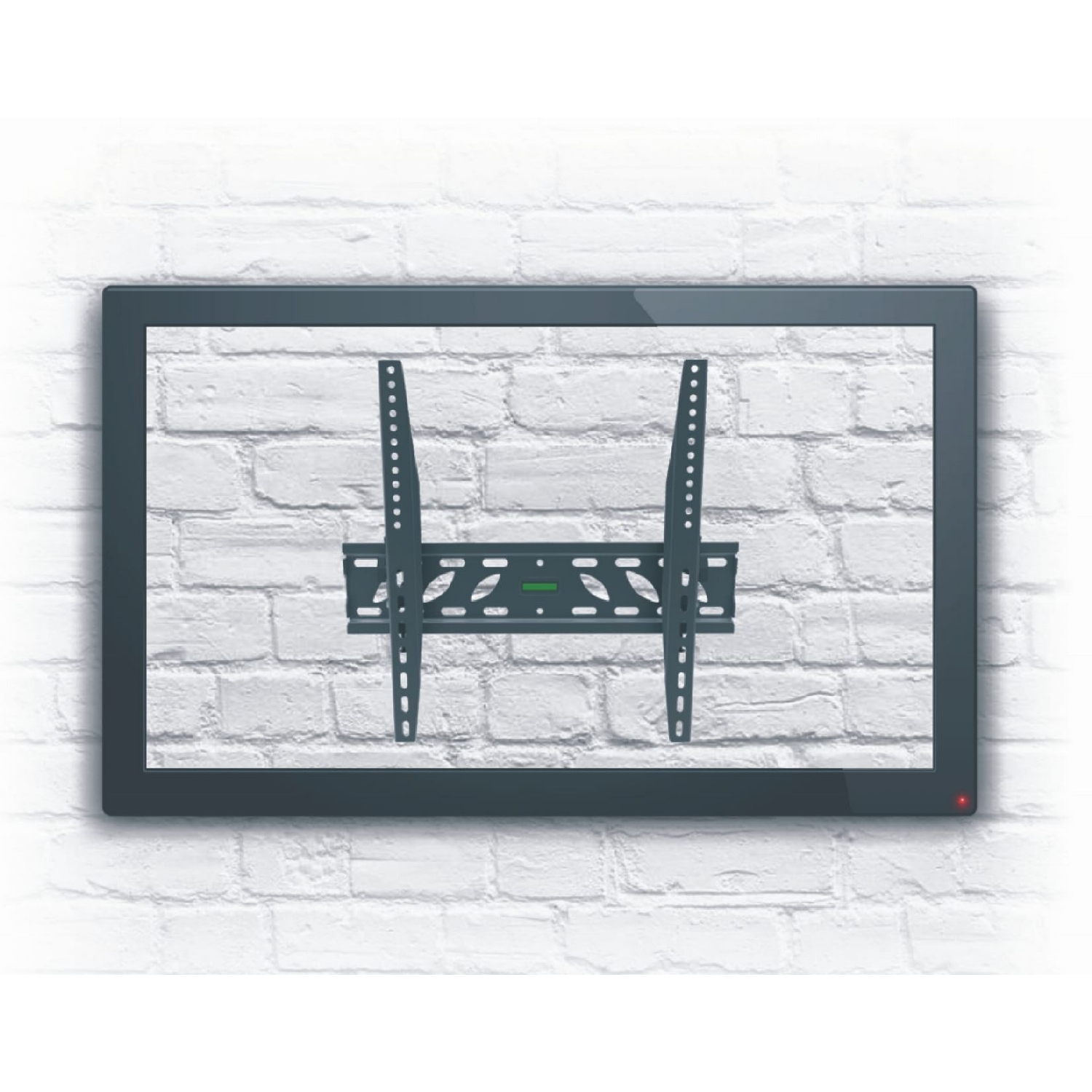 Ein Fernseher wird an einer weißen Backsteinmauer montiert. Ein schwarzer Fernseher wird an einer Wand mit einer schwarzen Halterung montiert.