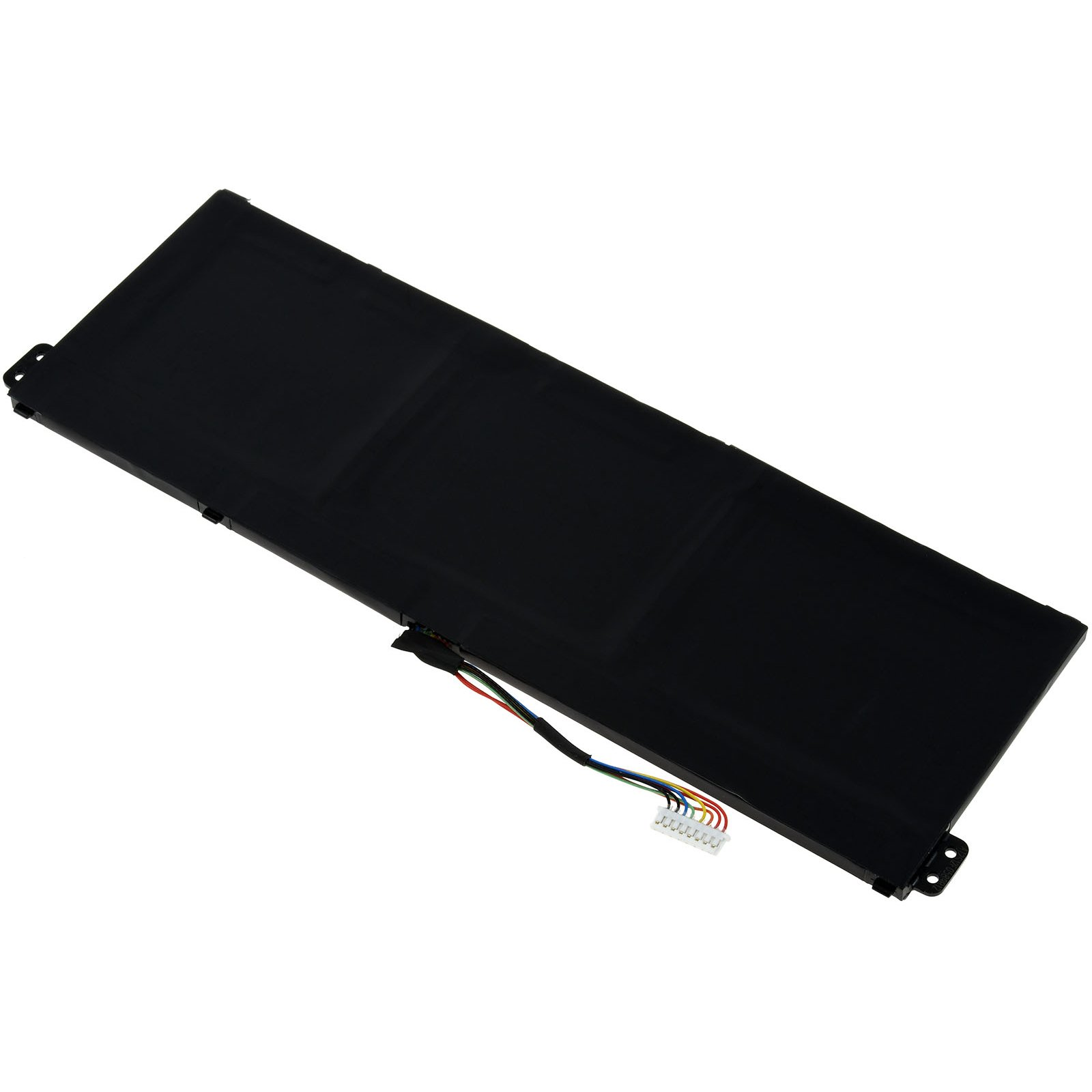 Una batería negra de portátil que muestra la superficie negra y los conectores con cables coloridos.