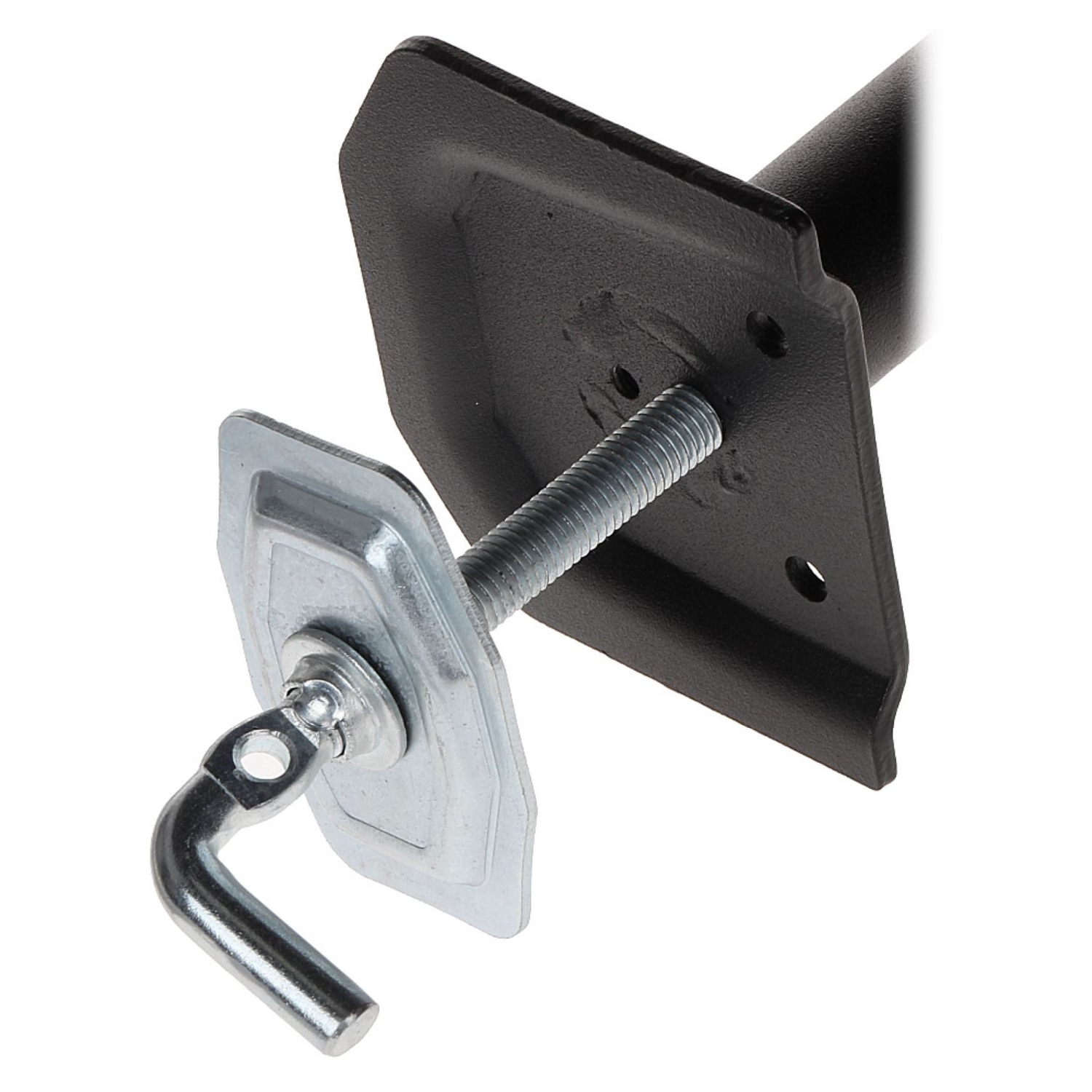Ein schwarzes und silbernes Metallstück mit einer Schraube und einem Haken auf weißem Hintergrund.