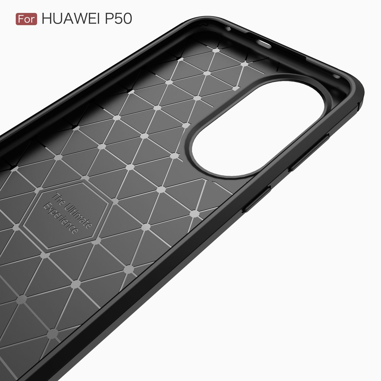 Schwarze Handyhülle für Huawei P50 mit strukturierter Innenseite und den Worten 'The Ultimate Experience'.