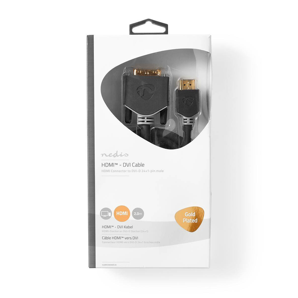 HDMI naar DVI-kabel in een doos. Vergulde connectoren. Witte achtergrond.