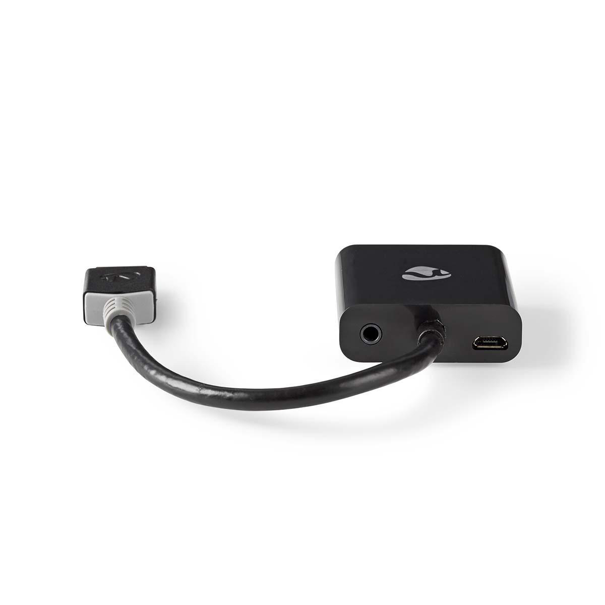 Schwarzes Adapterkabel. Eine Seite hat einen Stecker, die andere einen Anschluss und USB-Anschluss.